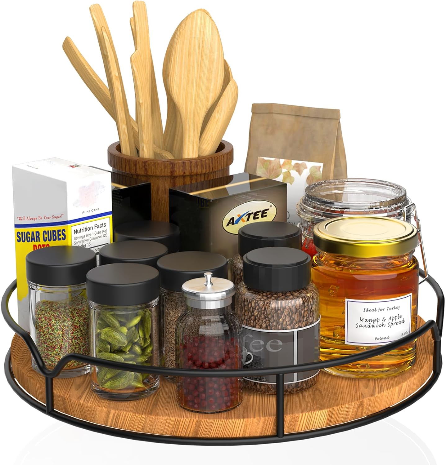 Lazy Susan Turntable Organizer for Cabinets Pantry Kitchen Countertops Refrigerator Cabinets, Pine, 9 Inch (Approx. 22.9 cm), Carbonized Black