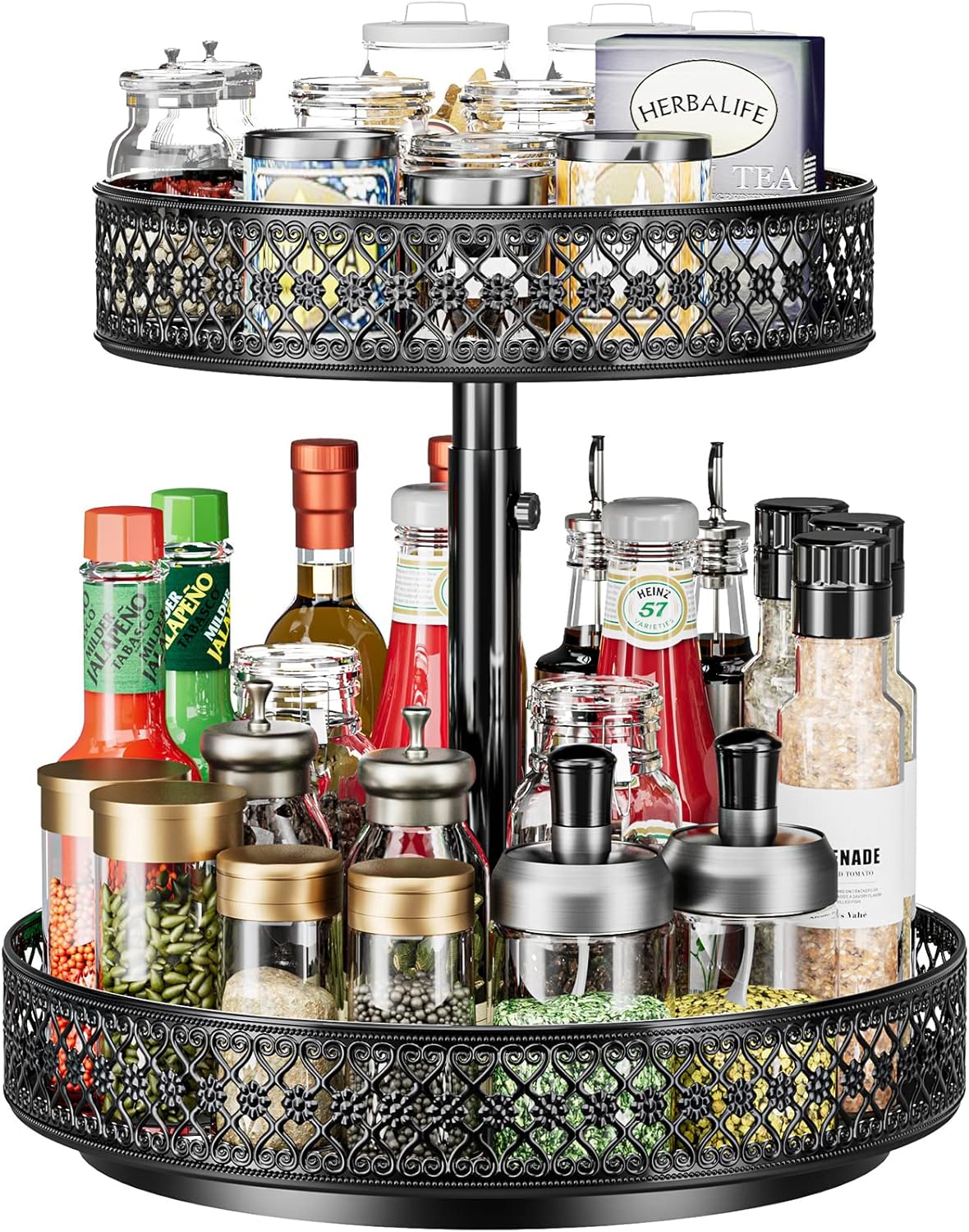 Lazy Susan Storage Rack 2 Tier - Turntable Spice Rack 12 Inch (Approx. 30.5 cm) Adjustable Metal Rotating Lazy Susan Cabinet Kitchen Countertop Dining Table Cabinet Bathroom Vanity Storage Black