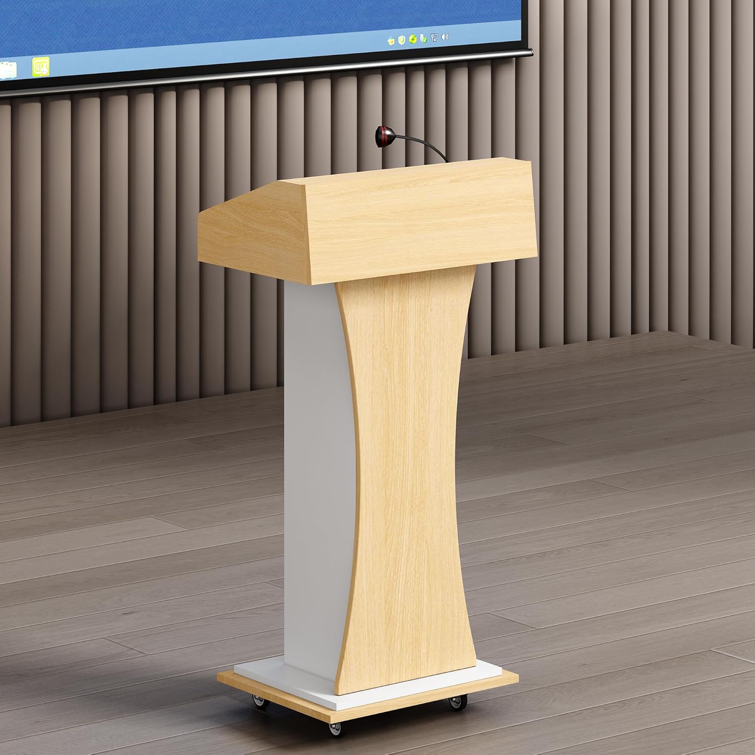 Wooden Podium with Wheeled Lantern Oak Color 16mm Planks Elegant Design with Storage Wooden Pushers for Restaurants Churches Seminars and Schools
