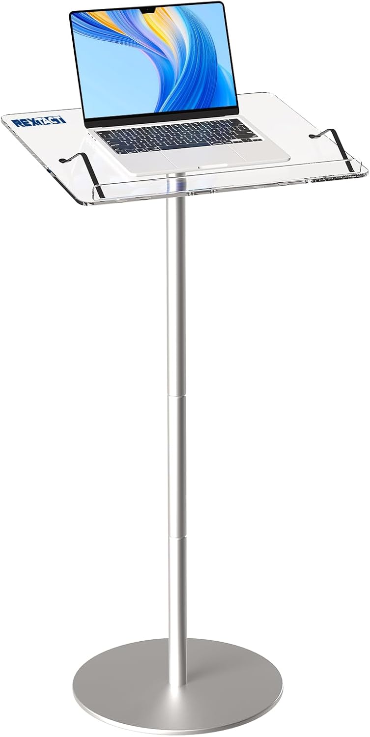 RexTact Acrylic Podium Stand, 43 Inch High Angle Adjustable Podium and Podium, Portable Rolling Podium with Metal Base for Churches, Classrooms, Weddings.