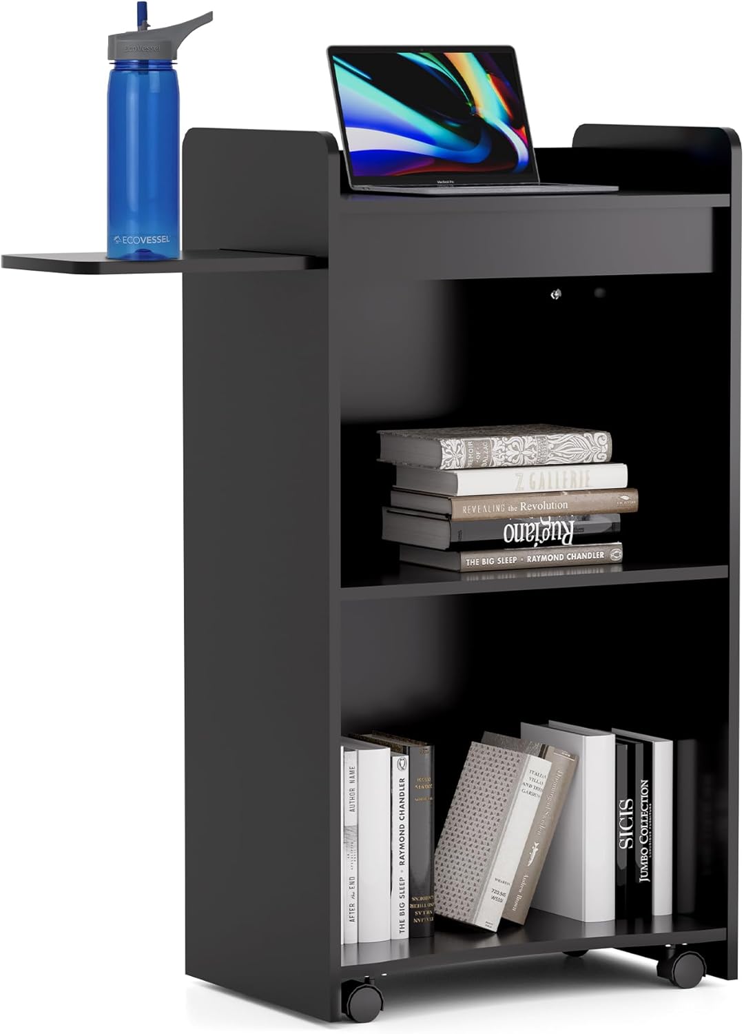 Podium Stand, Wooden Podium with Side Racks, Lockable Wheels, 45 inch (approx. 114.4 cm) Lantern with 15 mm Grain Board, Wooden Pusher for Churches, Seminars and Schools (Black)