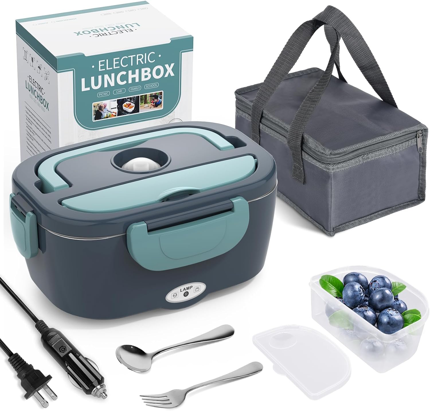 Electric Lunch Box Food Warmer,3 in 1 Super Fast Heating Adult Lunch Box,12V/24V/110V Portable Food Warmer for Car/Truck/Office with Fork & Spoon and Insulated Tote Bag
