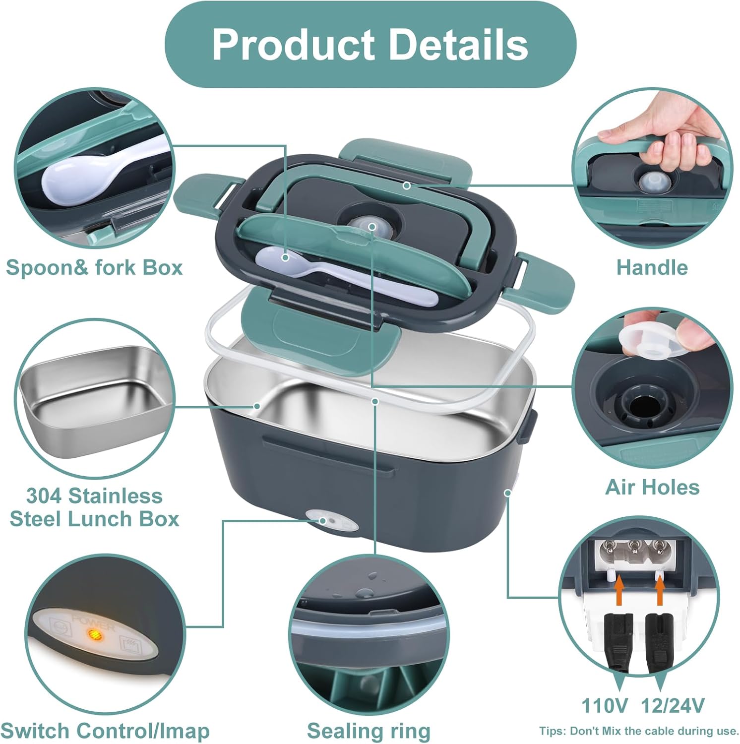 Electric Lunch Box Food Warmer,3 in 1 Super Fast Heating Adult Lunch Box,12V/24V/110V Portable Food Warmer for Car/Truck/Office with Fork & Spoon and Insulated Tote Bag