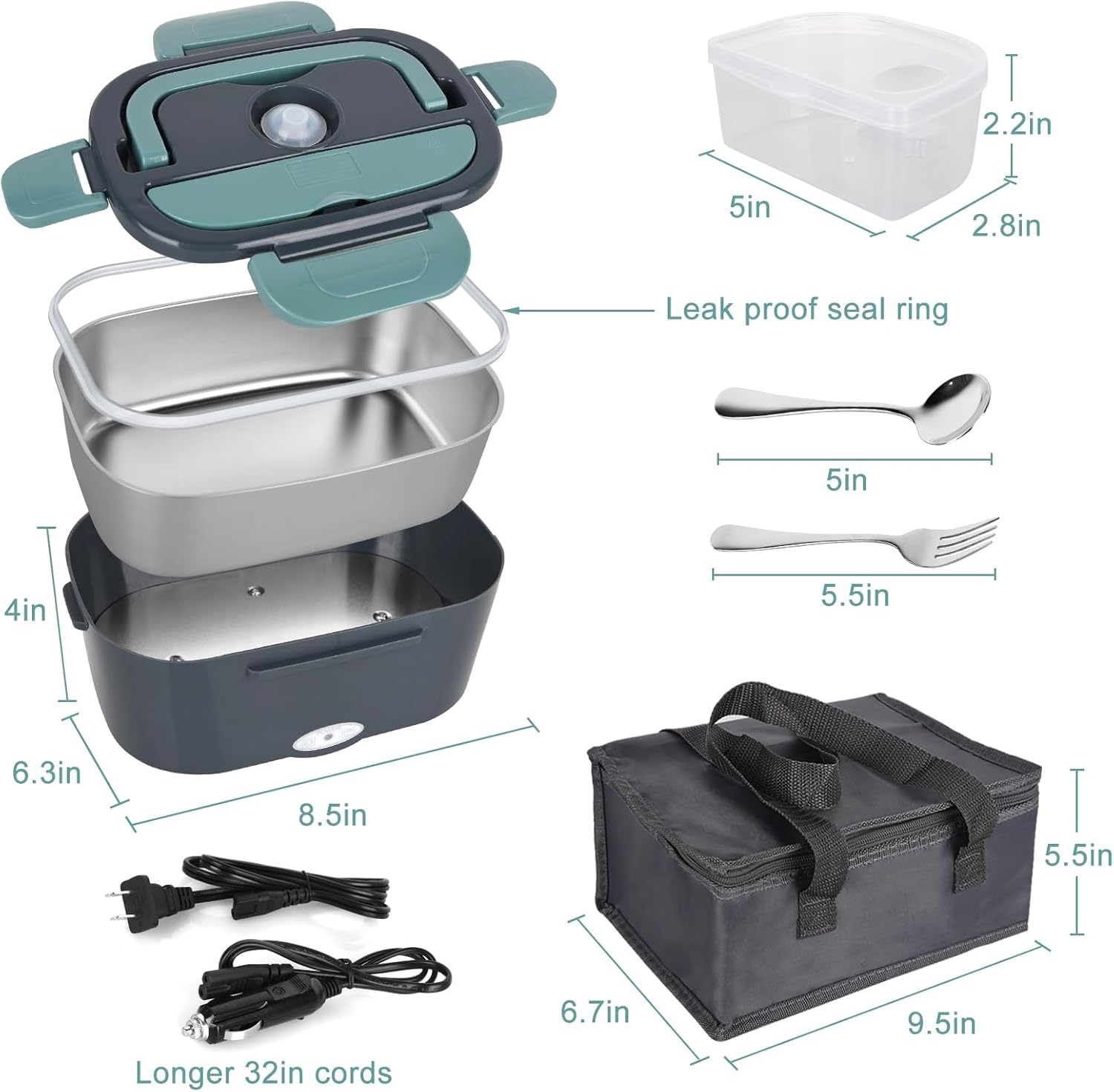 Electric Lunch Box Food Warmer,3 in 1 Super Fast Heating Adult Lunch Box,12V/24V/110V Portable Food Warmer for Car/Truck/Office with Fork & Spoon and Insulated Tote Bag