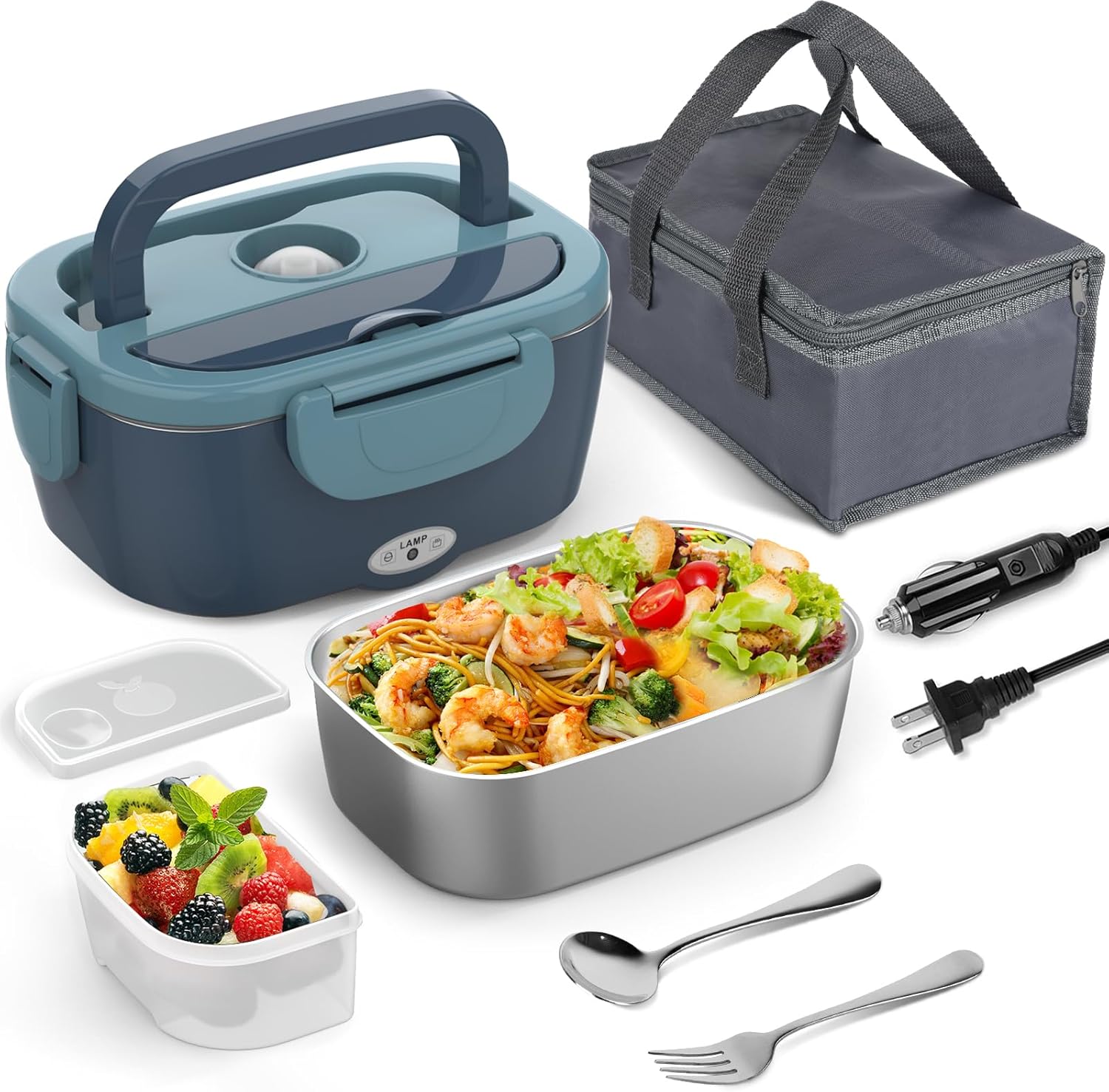 Electric Lunch Box Food Warmer,60-80W Adult Heated Lunch Box,12V 24V 110V Portable Food Warmer Lunch Box for Car Truck Work with 304 Stainless Steel Container,Driver Truck Driver White Elephant Gift
