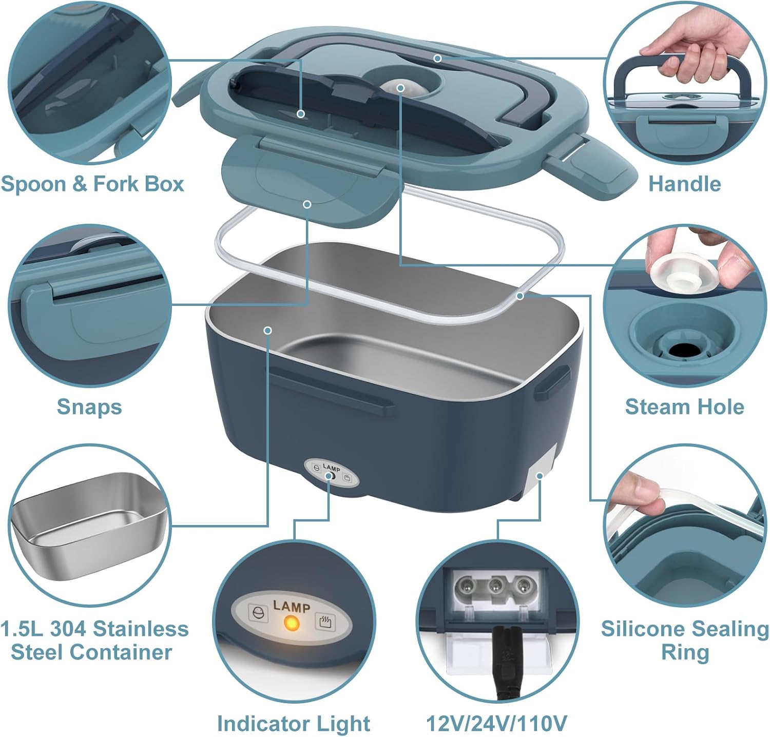 Electric Lunch Box Food Warmer,60-80W Adult Heated Lunch Box,12V 24V 110V Portable Food Warmer Lunch Box for Car Truck Work with 304 Stainless Steel Container,Driver Truck Driver White Elephant Gift
