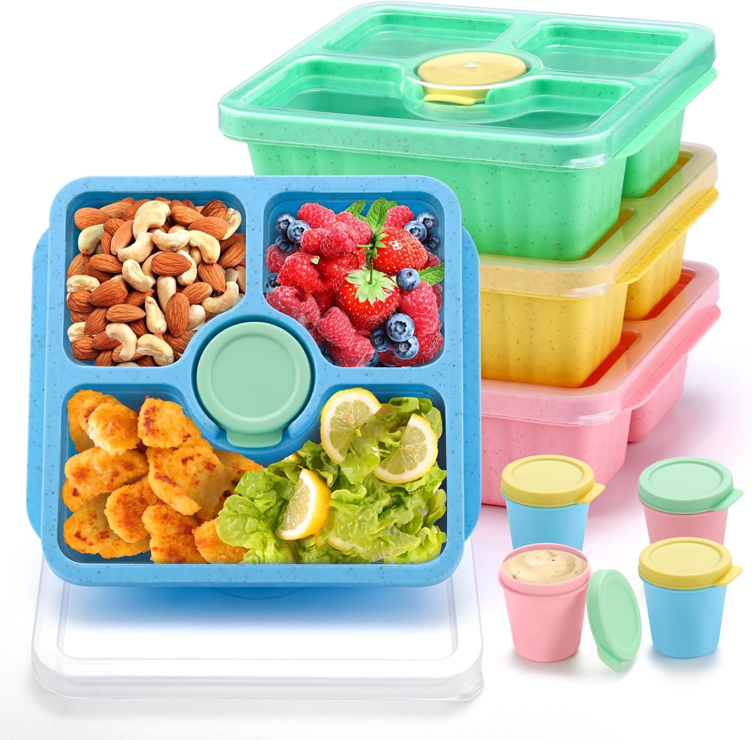 Lunchbox and Snack Box, Suitable for Adults and Children, Lunch Prep Container Reusable, 4-Piece Divided Food Storage Container with Lid, Stackable Lunch Box with Sauce Cup, Crayon