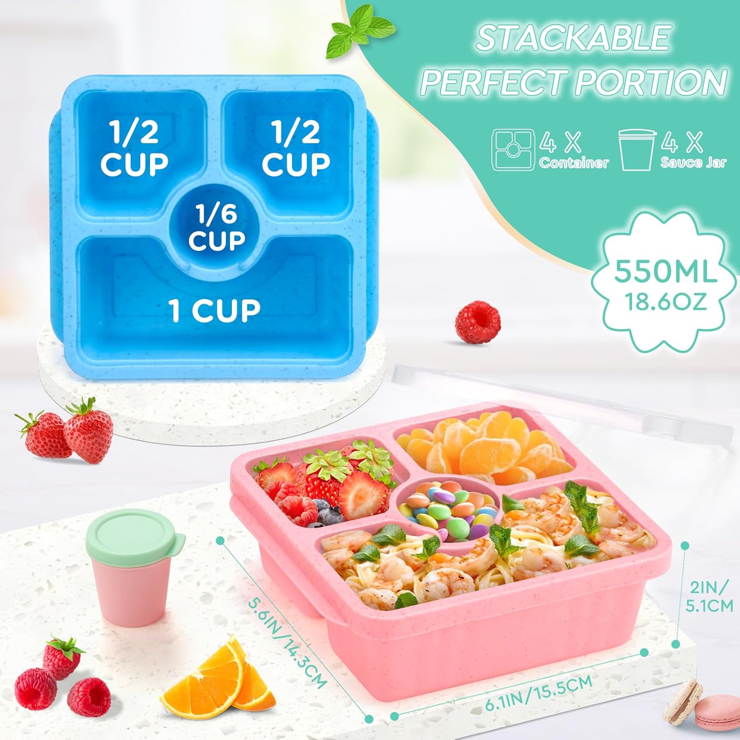 Lunchbox and Snack Box, Suitable for Adults and Children, Lunch Prep Container Reusable, 4-Piece Divided Food Storage Container with Lid, Stackable Lunch Box with Sauce Cup, Crayon