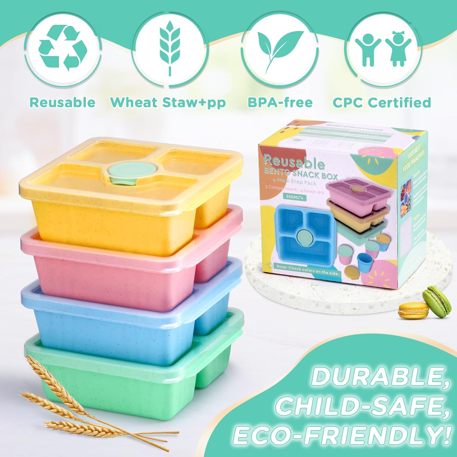 Lunchbox and Snack Box, Suitable for Adults and Children, Lunch Prep Container Reusable, 4-Piece Divided Food Storage Container with Lid, Stackable Lunch Box with Sauce Cup, Crayon