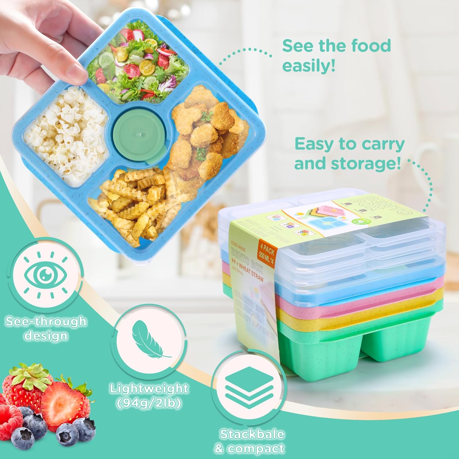 Lunchbox and Snack Box, Suitable for Adults and Children, Lunch Prep Container Reusable, 4-Piece Divided Food Storage Container with Lid, Stackable Lunch Box with Sauce Cup, Crayon