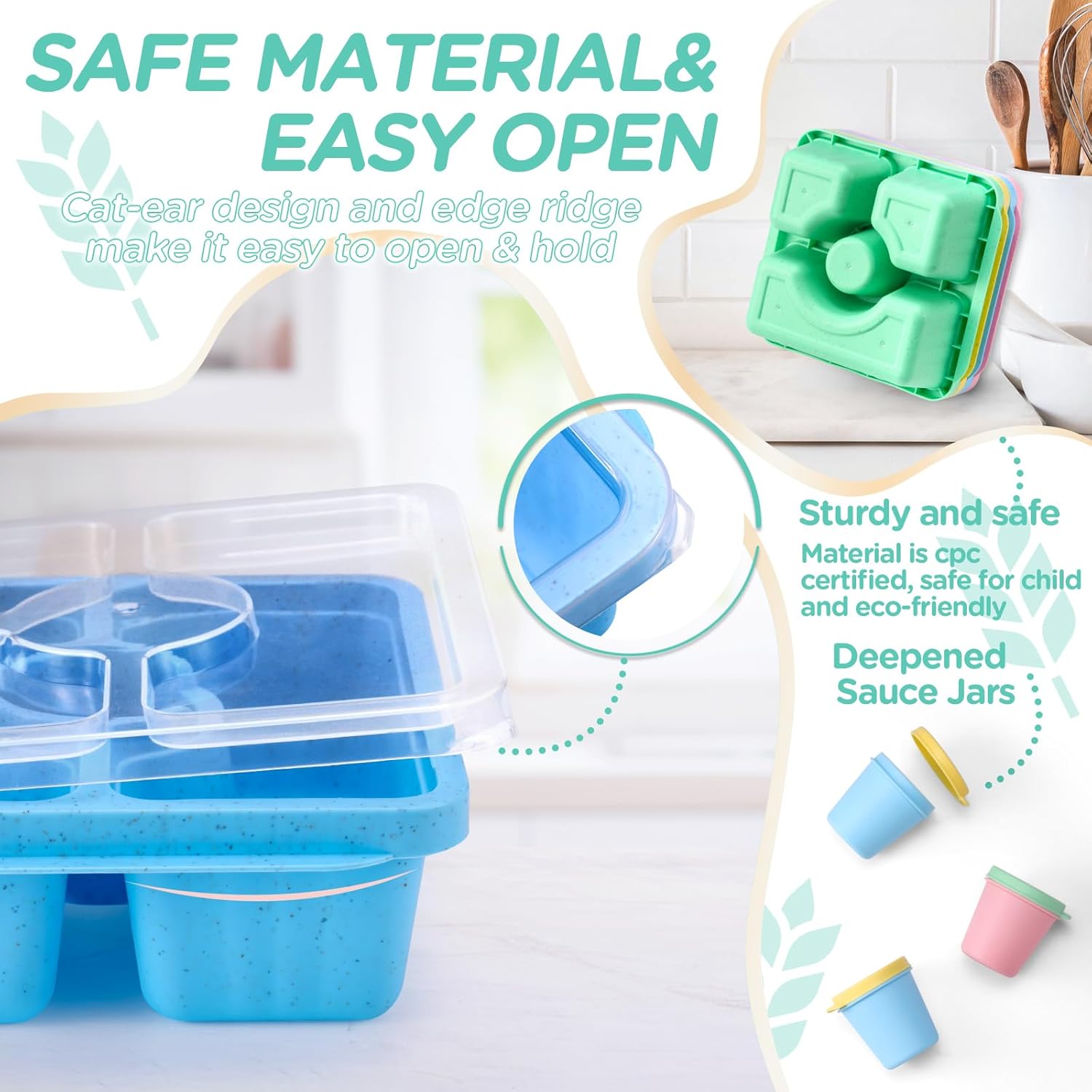 Lunchbox and Snack Box, Suitable for Adults and Children, Lunch Prep Container Reusable, 4-Piece Divided Food Storage Container with Lid, Stackable Lunch Box with Sauce Cup, Crayon