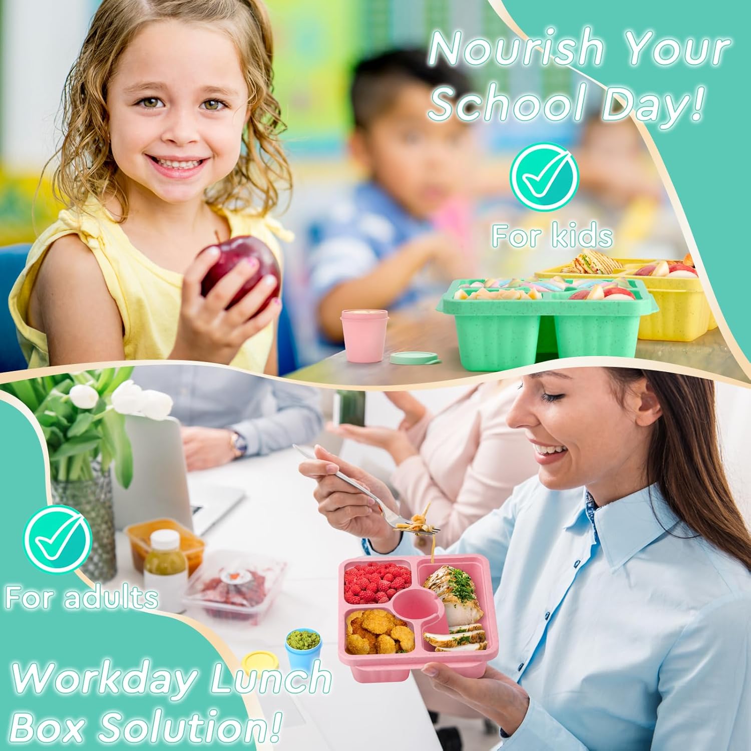 Lunchbox and Snack Box, Suitable for Adults and Children, Lunch Prep Container Reusable, 4-Piece Divided Food Storage Container with Lid, Stackable Lunch Box with Sauce Cup, Crayon