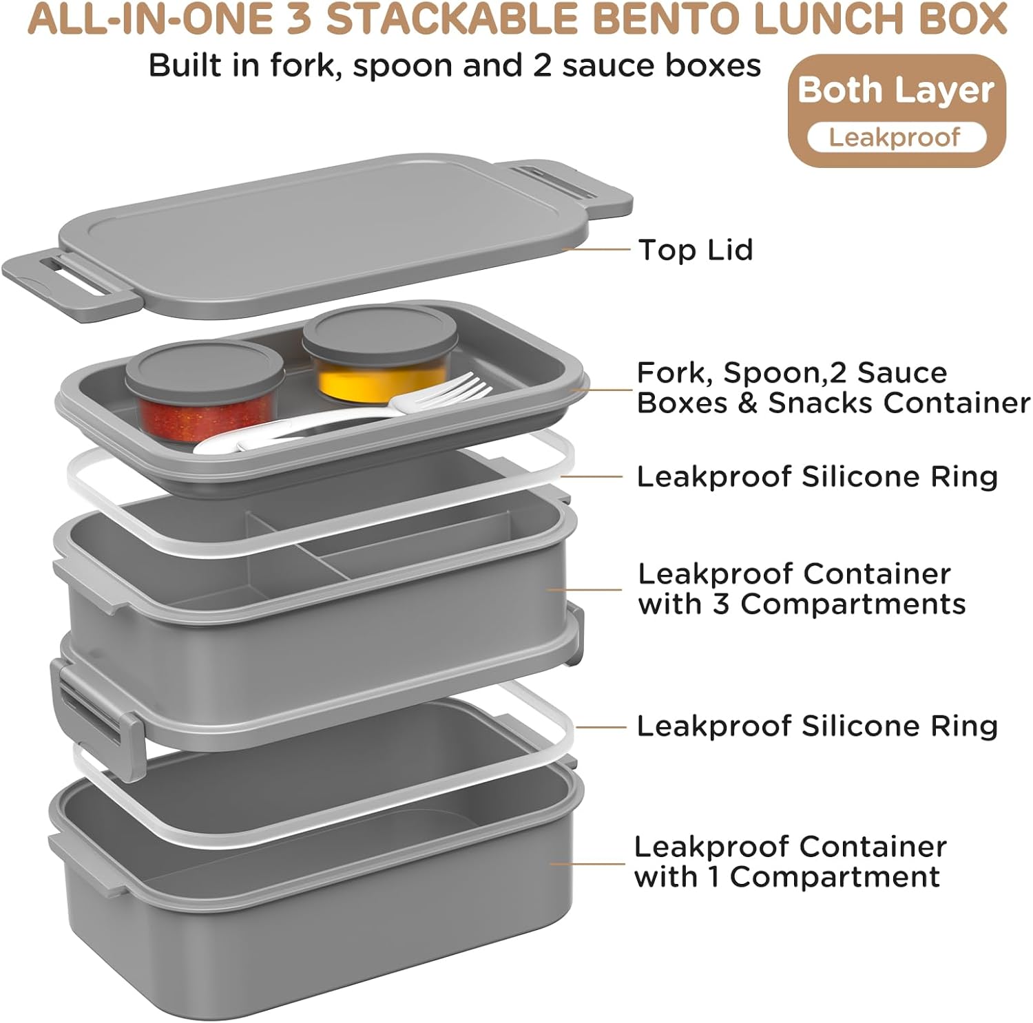 DaCool Adult Lunch Box Bento Box - 72 oz (Approx. 2097.9 g) One Piece Stackable Lunch Box for Adults Men Women Teenagers Leak Proof Bento Lunch Box Large Lunch Box with Fork and Spoon Sauce Container for Outdoor Work and School, Gray