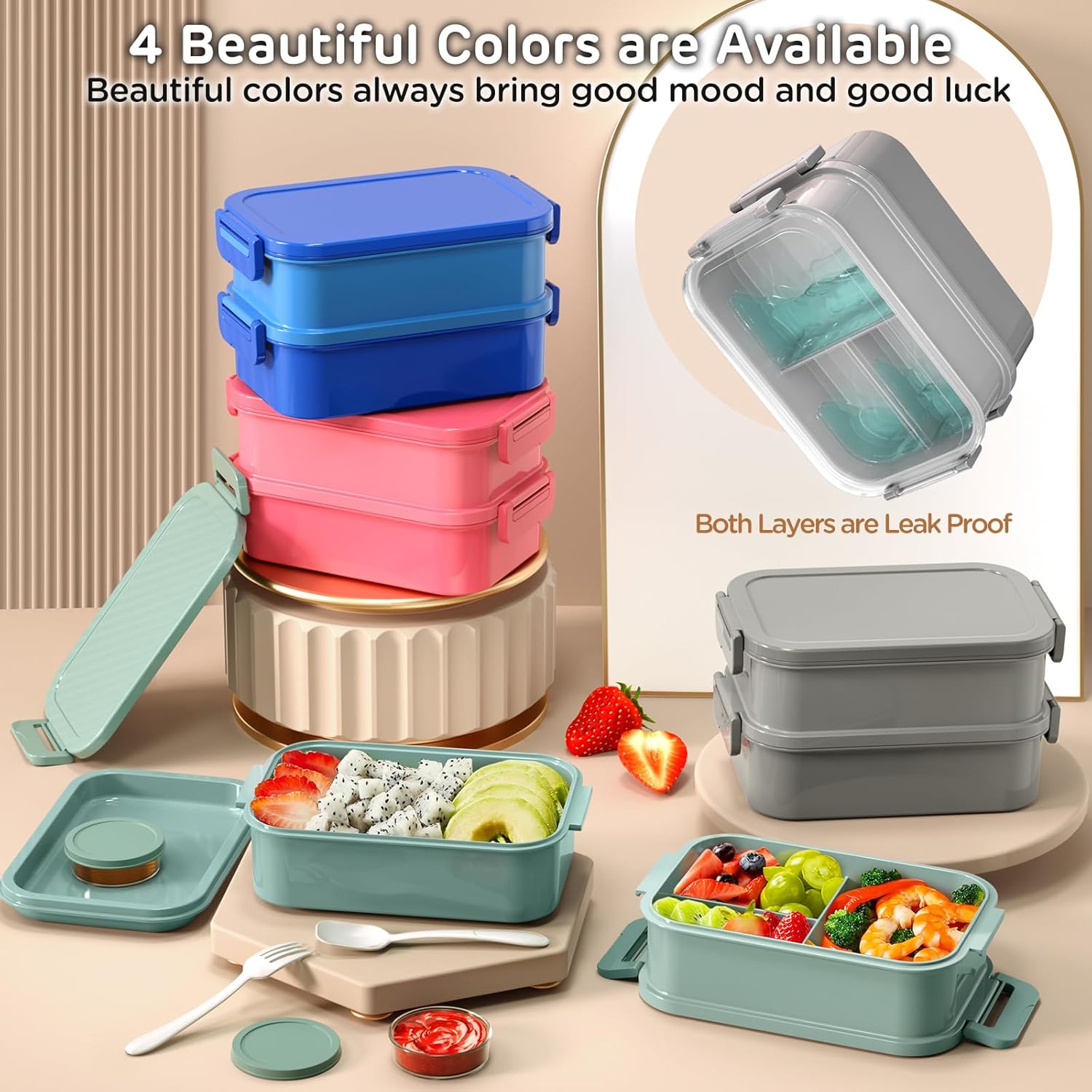 DaCool Adult Lunch Box Bento Box - 72 oz (Approx. 2097.9 g) One Piece Stackable Lunch Box for Adults Men Women Teenagers Leak Proof Bento Lunch Box Large Lunch Box with Fork and Spoon Sauce Container for Outdoor Work and School, Gray