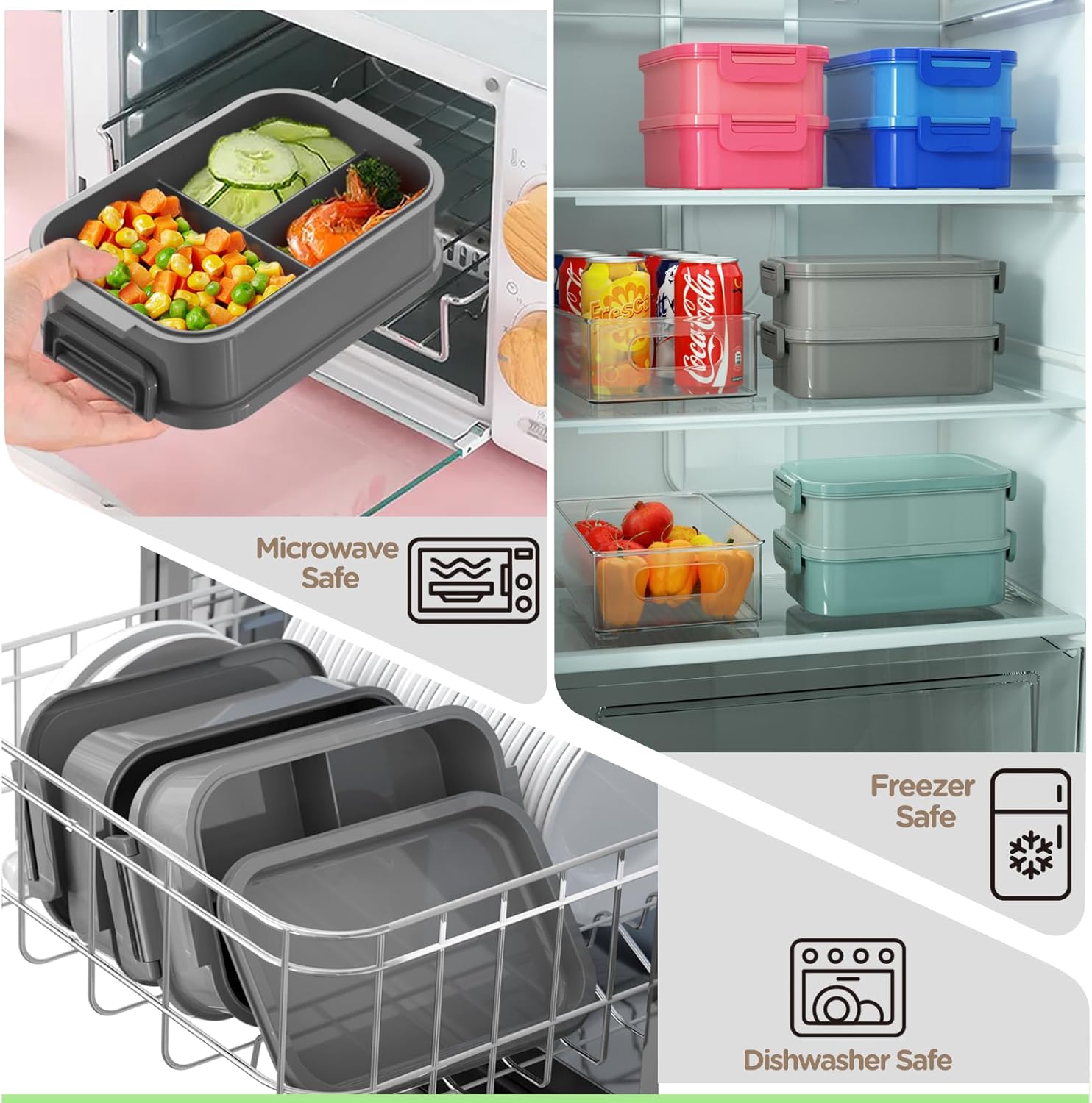 DaCool Adult Lunch Box Bento Box - 72 oz (Approx. 2097.9 g) One Piece Stackable Lunch Box for Adults Men Women Teenagers Leak Proof Bento Lunch Box Large Lunch Box with Fork and Spoon Sauce Container for Outdoor Work and School, Gray