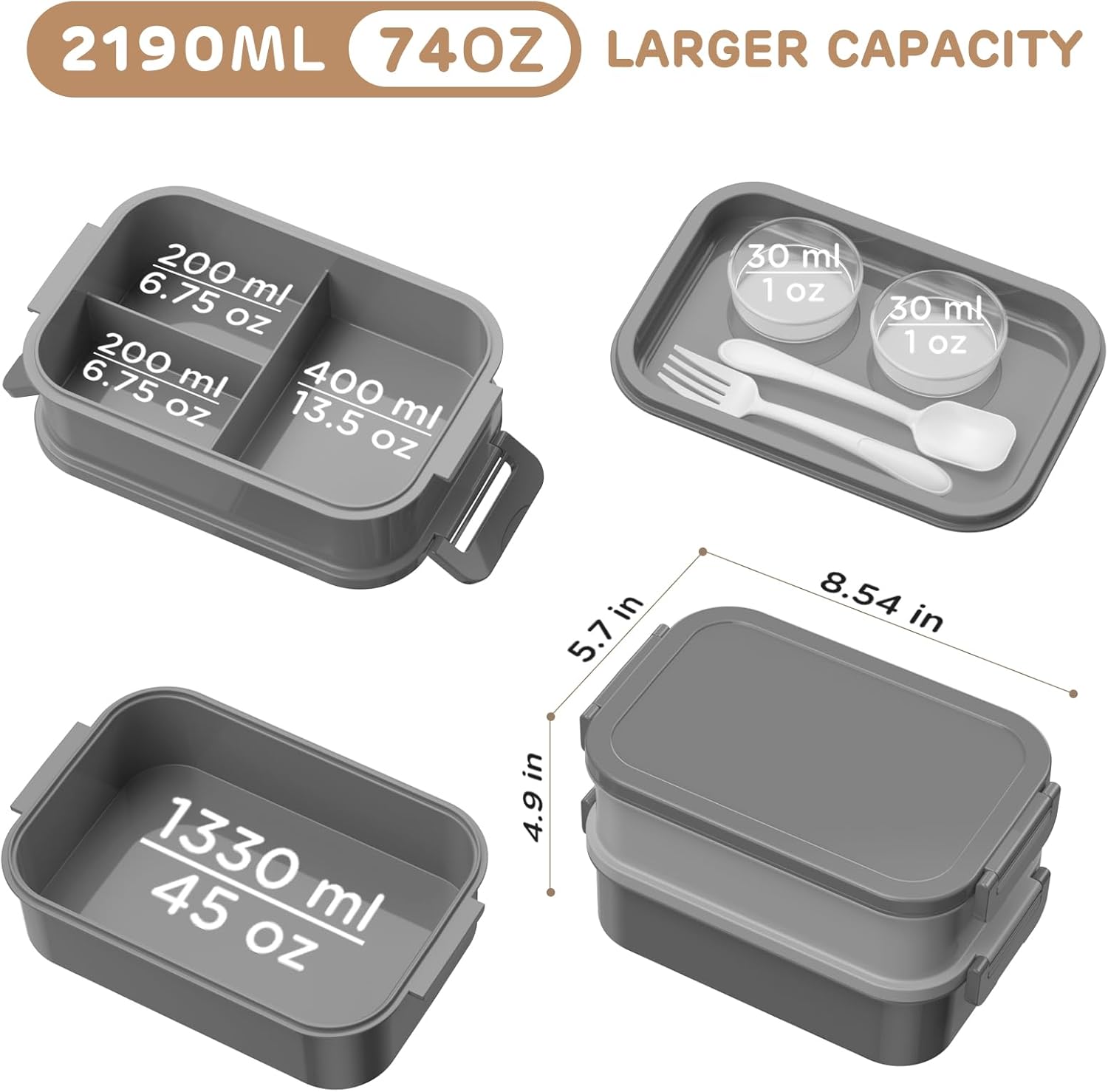 DaCool Adult Lunch Box Bento Box - 72 oz (Approx. 2097.9 g) One Piece Stackable Lunch Box for Adults Men Women Teenagers Leak Proof Bento Lunch Box Large Lunch Box with Fork and Spoon Sauce Container for Outdoor Work and School, Gray