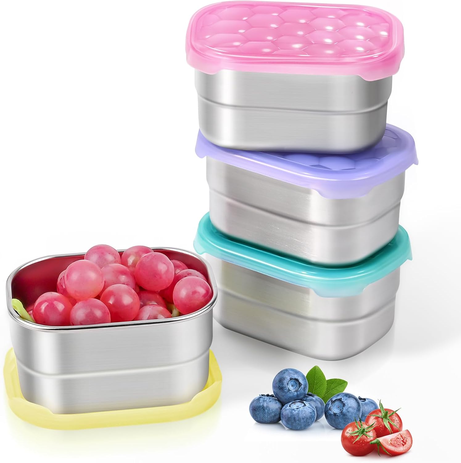 4-Piece Small Stainless Steel Snack Containers for Kids and Toddlers | Easy to Open Leak Proof Food Containers with Silicone Lids - Perfect Metal Lunch Boxes for Daycare and School (8 oz)