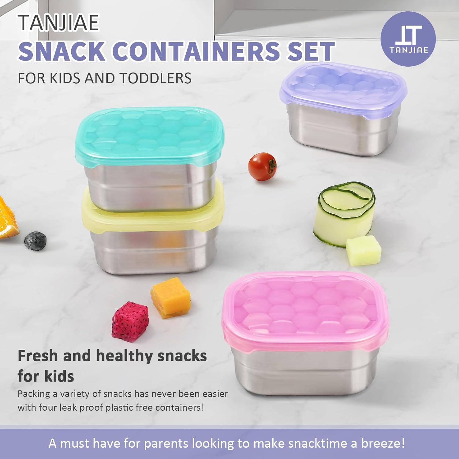 4-Piece Small Stainless Steel Snack Containers for Kids and Toddlers | Easy to Open Leak Proof Food Containers with Silicone Lids - Perfect Metal Lunch Boxes for Daycare and School (8 oz)