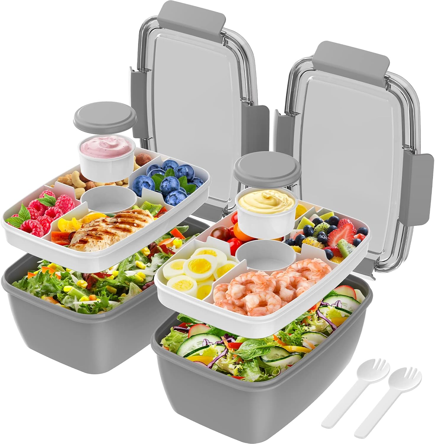 Cherrysea 2-Piece Salad Lunch Box, 68 oz (Approx. 1.9 kg) Salad Bowl with 4 Compartment Tray, Leak-Proof Lunch Box with Fork, Women's Snack Container with Dressing Container, Gray