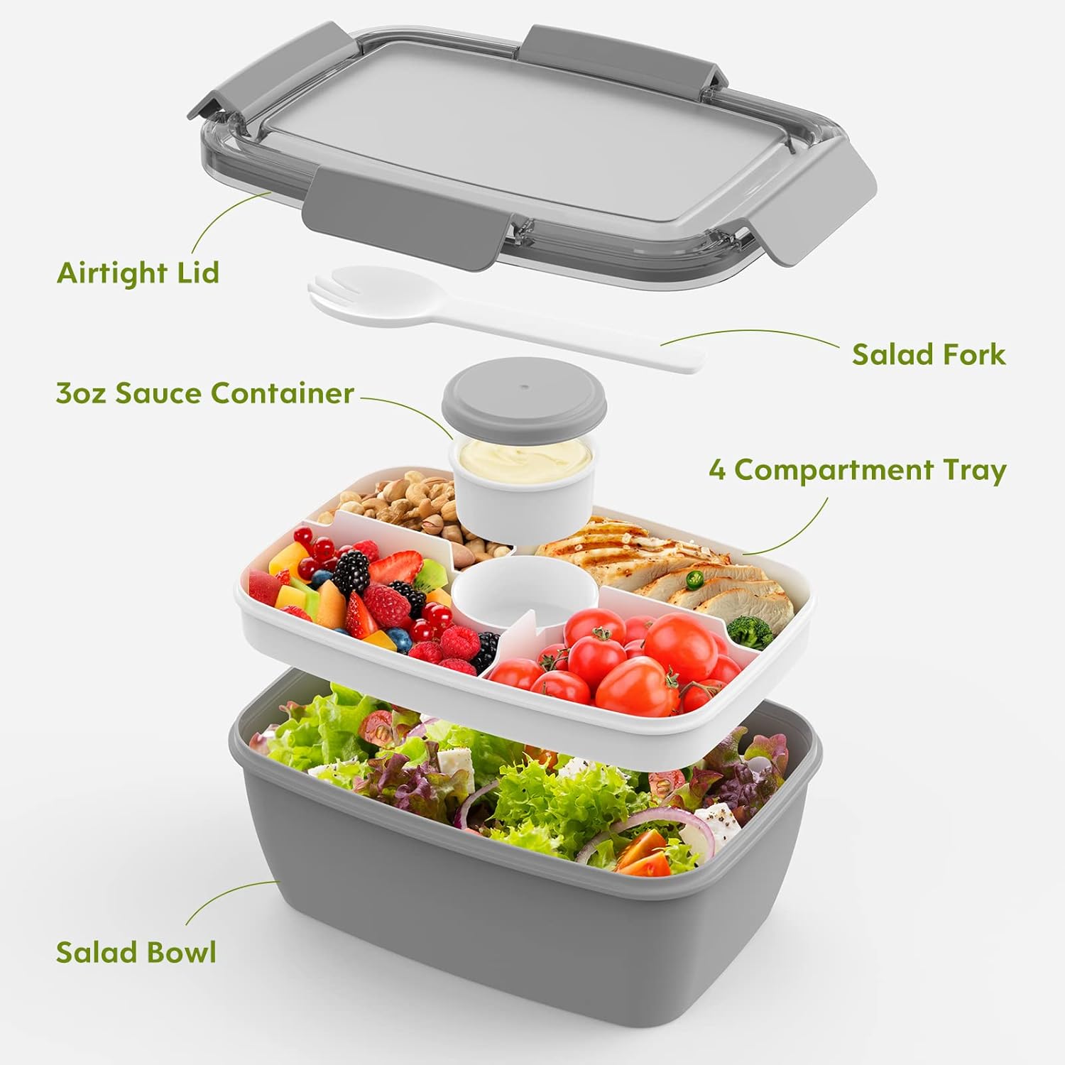 Cherrysea 2-Piece Salad Lunch Box, 68 oz (Approx. 1.9 kg) Salad Bowl with 4 Compartment Tray, Leak-Proof Lunch Box with Fork, Women's Snack Container with Dressing Container, Gray