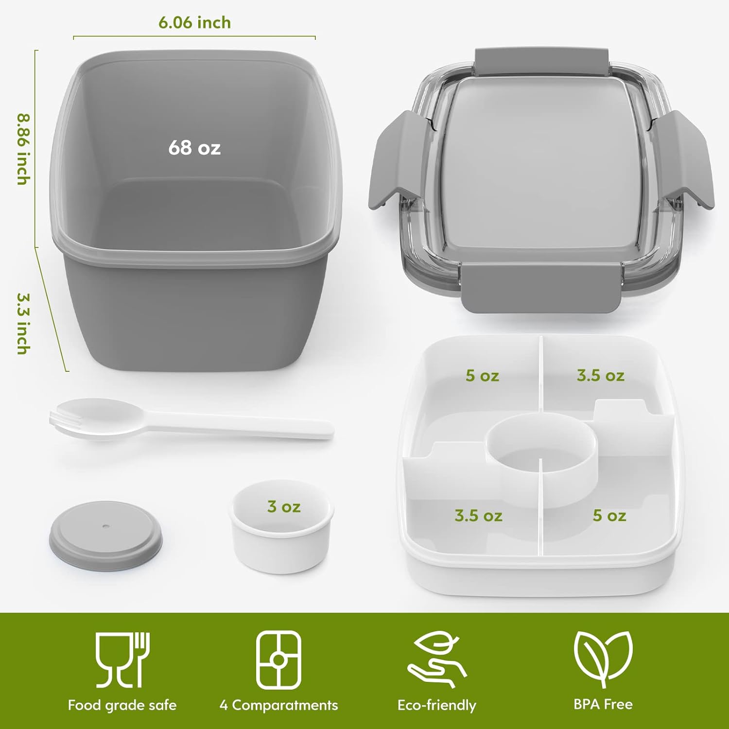 Cherrysea 2-Piece Salad Lunch Box, 68 oz (Approx. 1.9 kg) Salad Bowl with 4 Compartment Tray, Leak-Proof Lunch Box with Fork, Women's Snack Container with Dressing Container, Gray