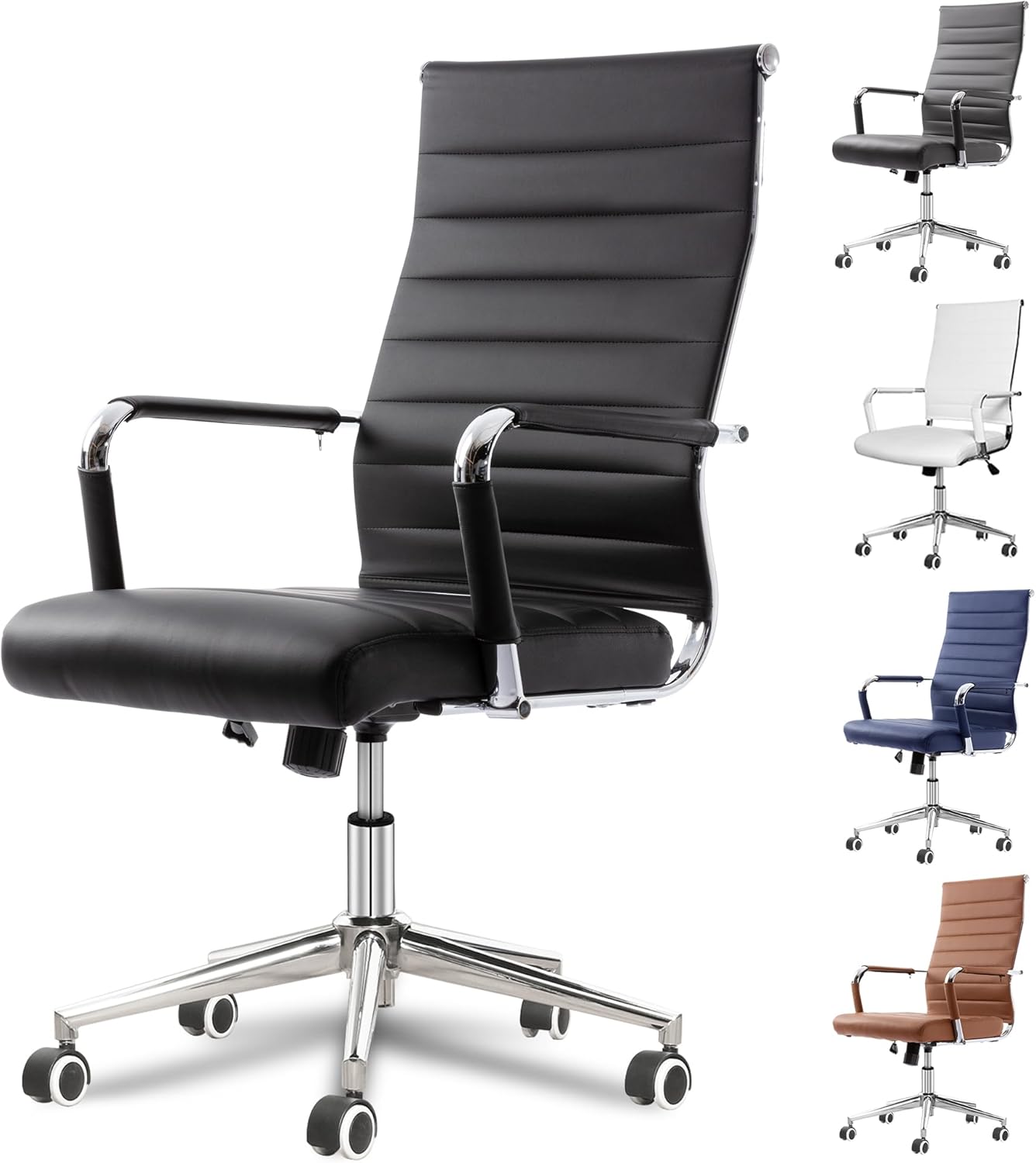 Okeysen Desk Chair, Ergonomic Leather Modern Conference Room Chair, Executive Ribbed Height Adjustable Swivel Chair for Home Offices. (Black)