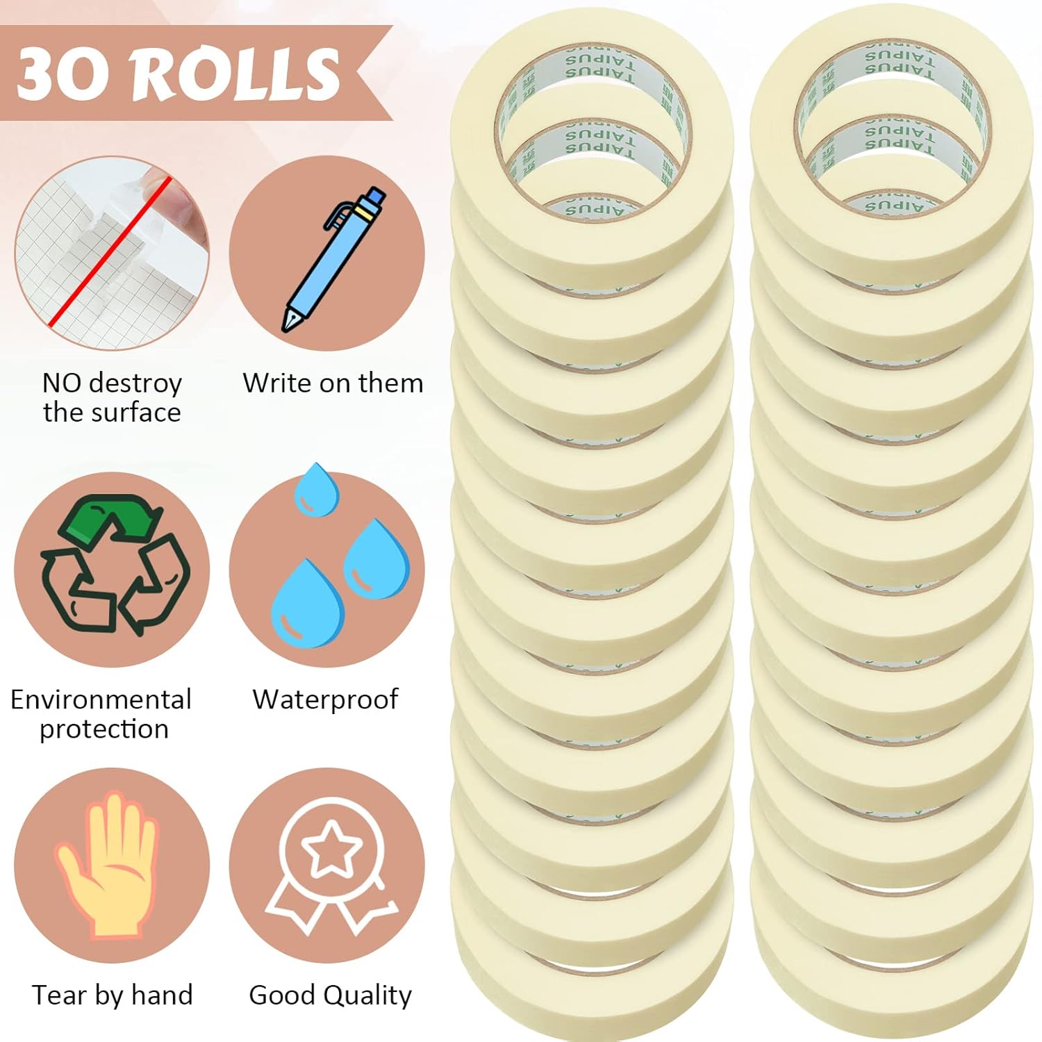 30 Pack Masking Tape, 0.8 inch, 55 Yds