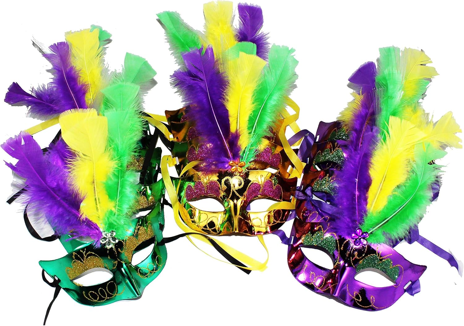 12 Piece Mardi Gras Feather Mask, Mardi Gras Masquerade Masks Bulk, Mardi Gras Costume Dress Up Accessories for Women's, Men's and Children's Costumes