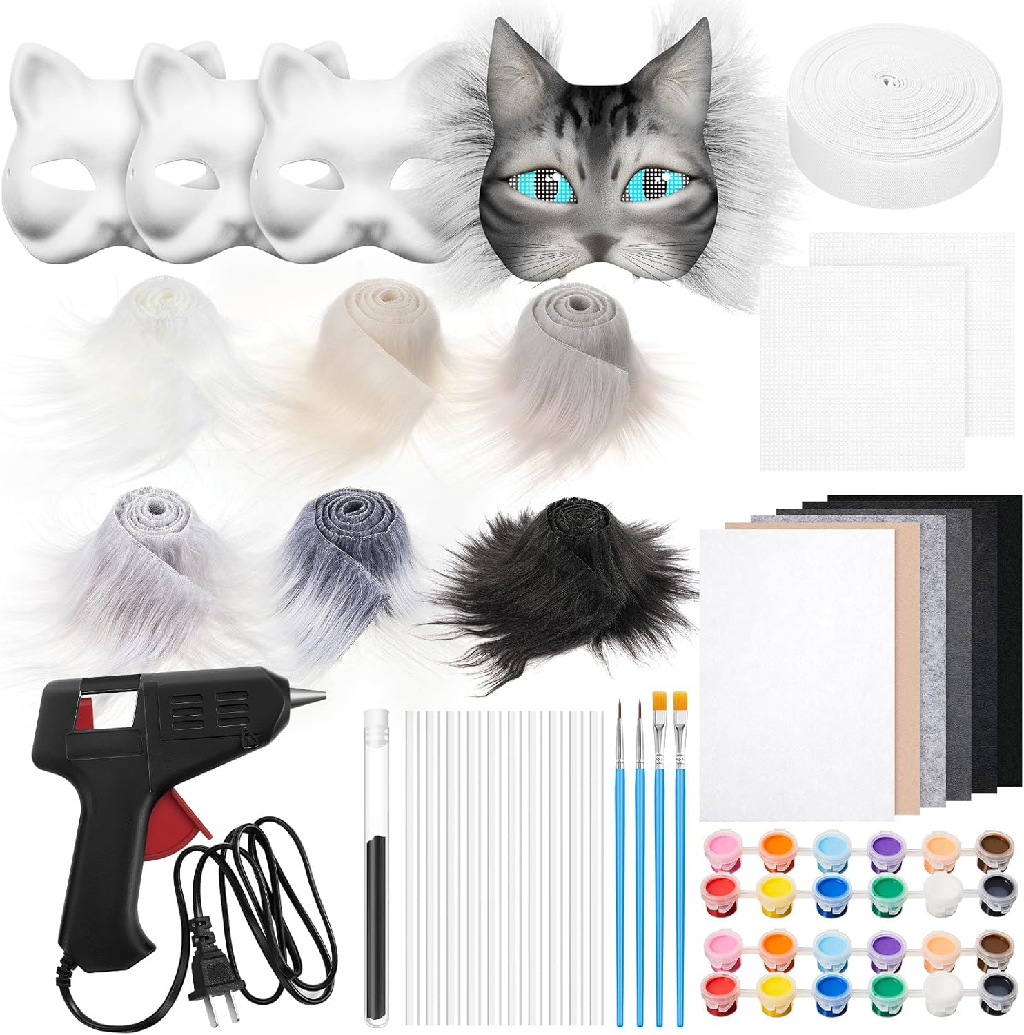33 Pieces Therian DIY Mask Set for Beginners, Includes Blank Cat Mask Faux Fur Fabric Felt Fabric Plastic Mesh (Classic Colors)