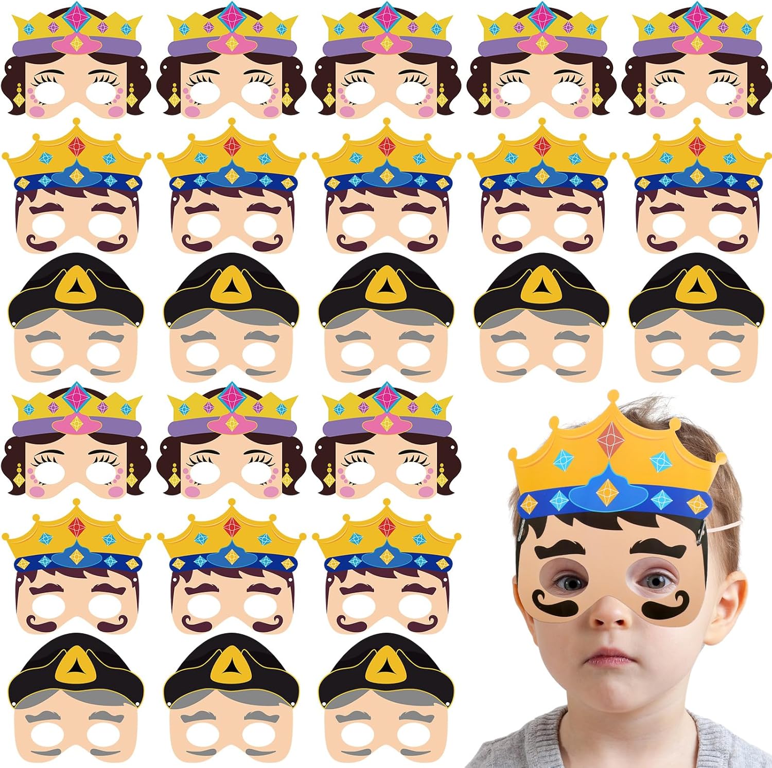 24 Piece Kids Purim Masks with Elastic Cord Purim Party Esther Haman King Ahasuerus Masks for Jewish Mardi Gras Holiday Gifts Role Play Dress Up Party Gift Supplies