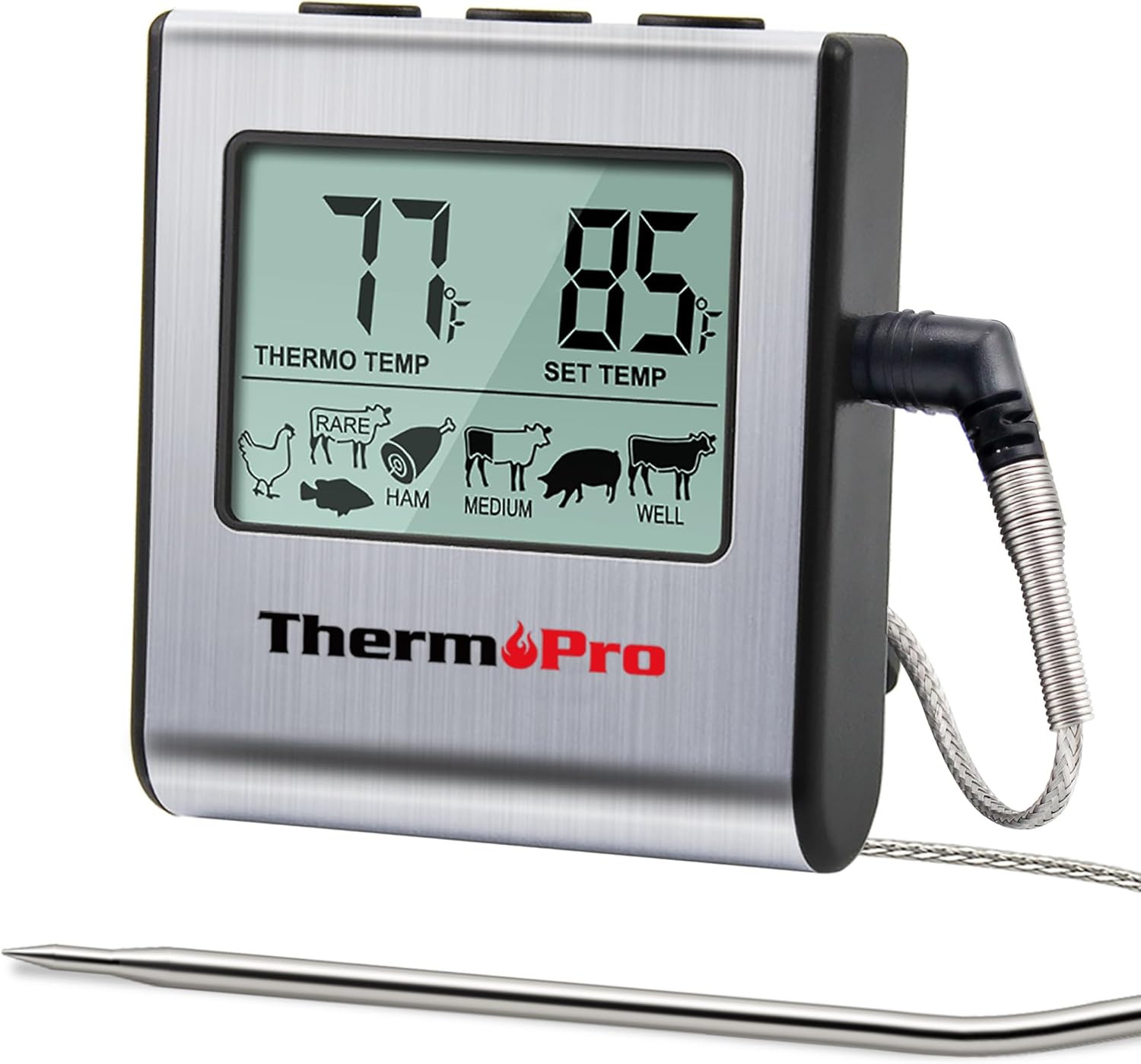 TP16 Large LCD Digital Cooking Food Meat Thermometer for Smokers Oven Kitchen Grill Thermometer Clock Timer with Stainless Steel Temperature Probe