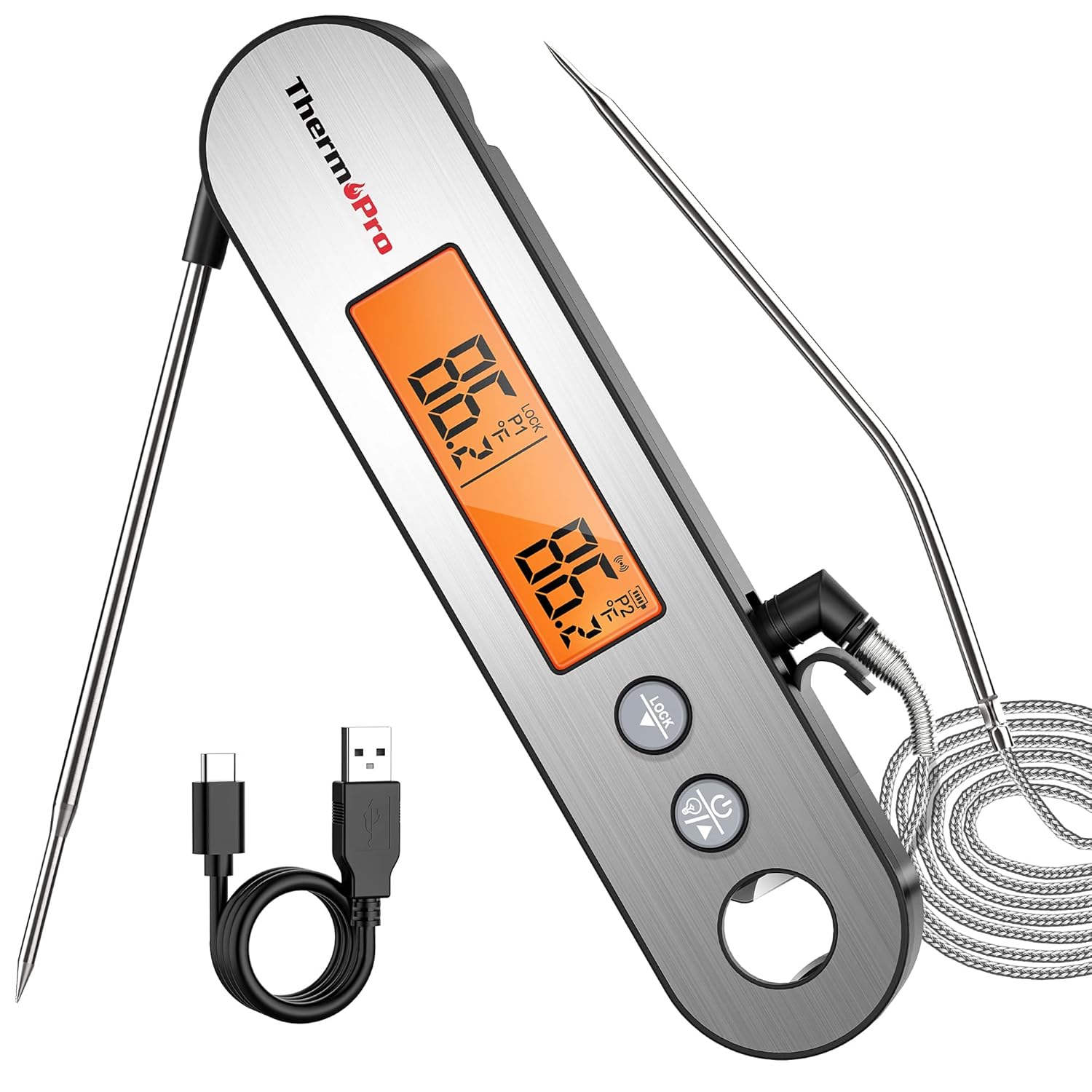TP610 Digital Meat Thermometer for Cooking, Rechargeable Instant Read Food Thermometer with Rotating LCD Screen, Waterproof Cooking Thermometer with Alarm Clock for Grilling, Smoking, Barbecuing, Ovens