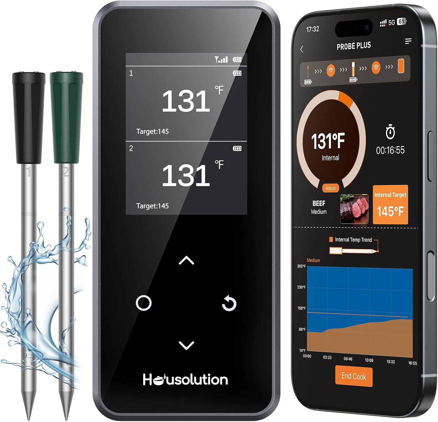 Housolution Wireless Bluetooth Meat Thermometer, Smart App and Standalone Base with Controls, 2 Slim Probes, Remote Range, Digital Food Thermometer for Cooking, Grilling, Smoking, BBQ, Oven