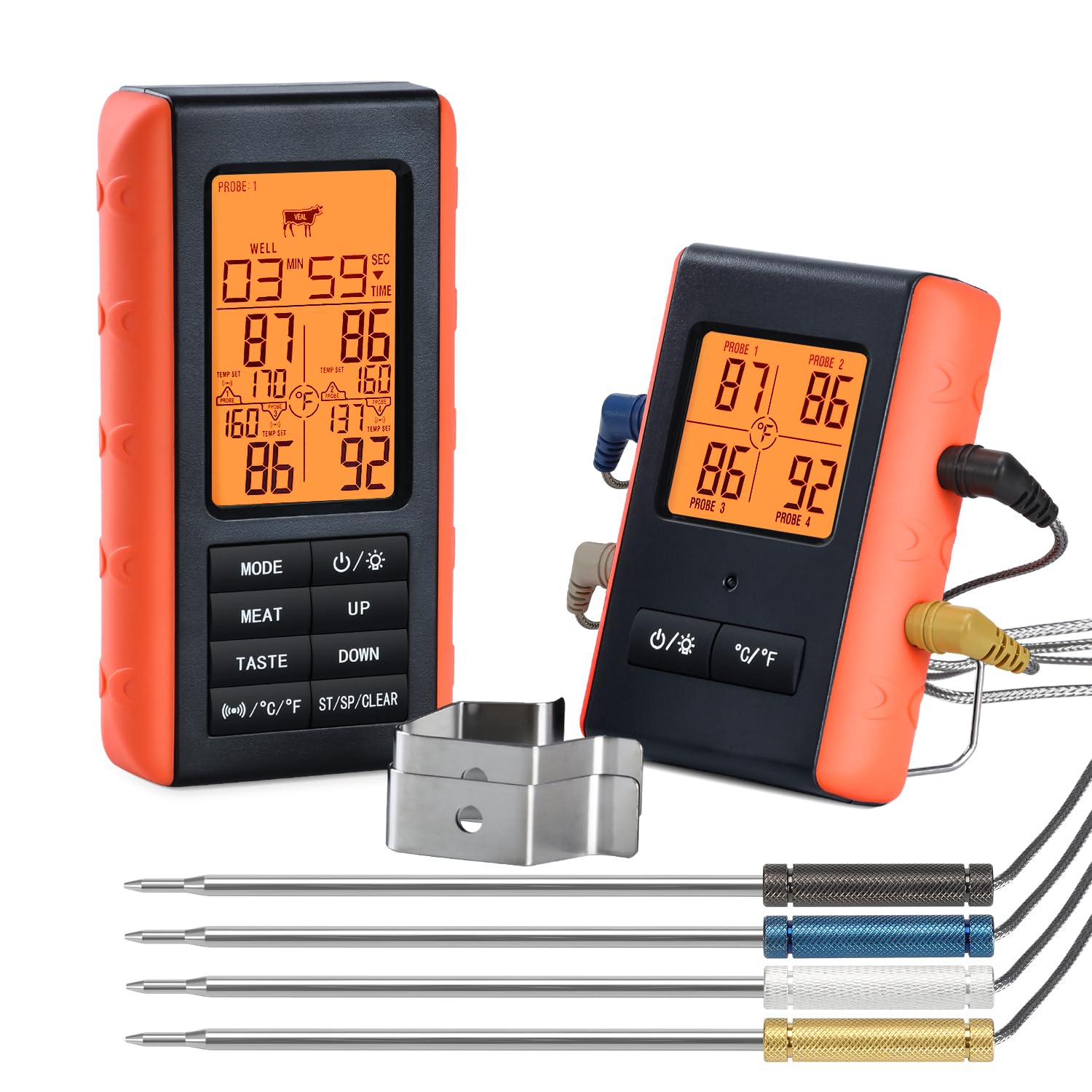 Wireless Meat Thermometer for Grilling and Smoking, Food Thermometer for Grill Smoker Oven Cooked Steak, Outdoor Grill Thermometer with 4 Meat Probes, Kitchen Timer