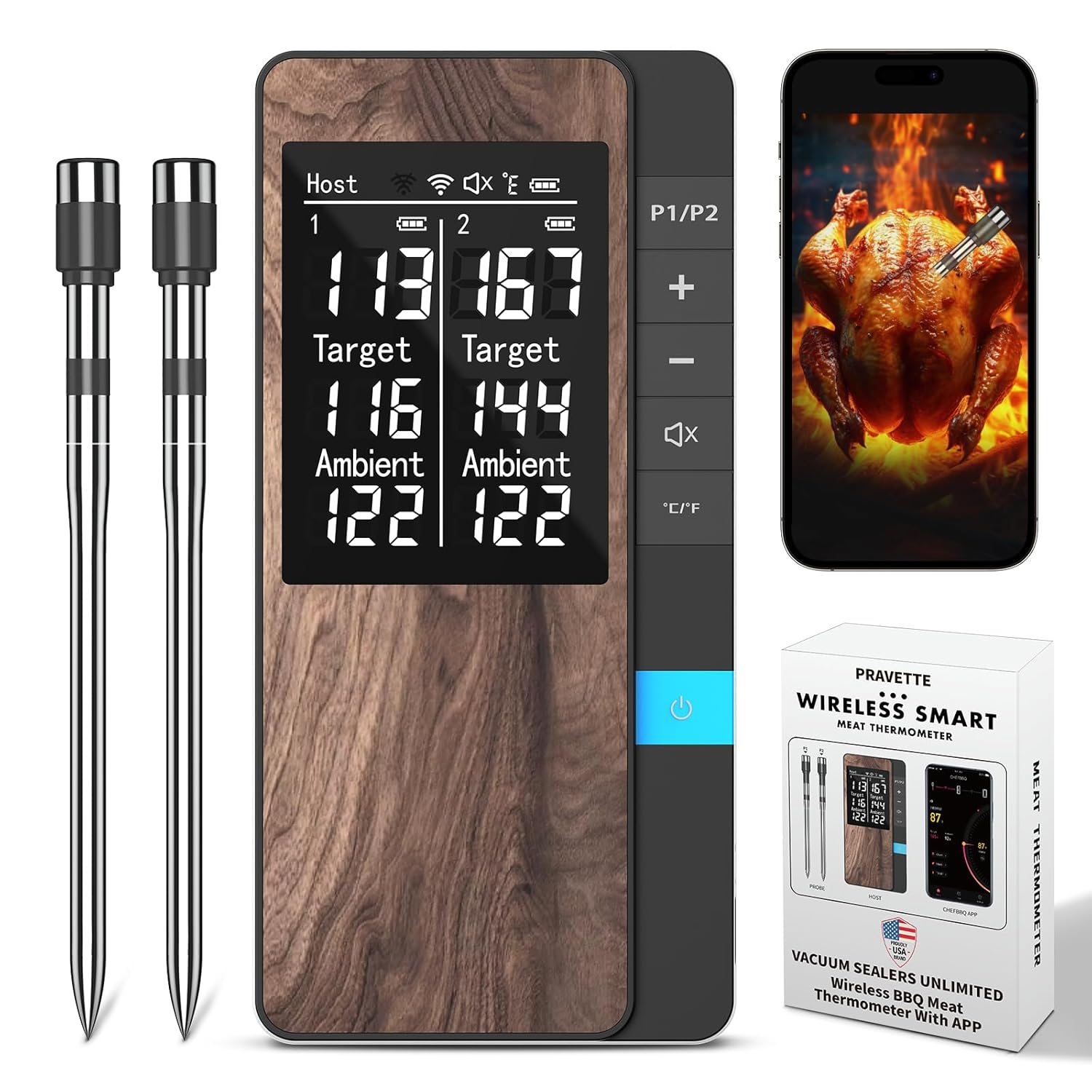 VACUUM SEALERS UNLIMITED WIRELESS MEAT THERMOMETER - Multi-sensor digital food thermometer with ultra-thin probe, app and host control - Precision Bluetooth meat thermometer for grills, ovens, barbecues, smokers