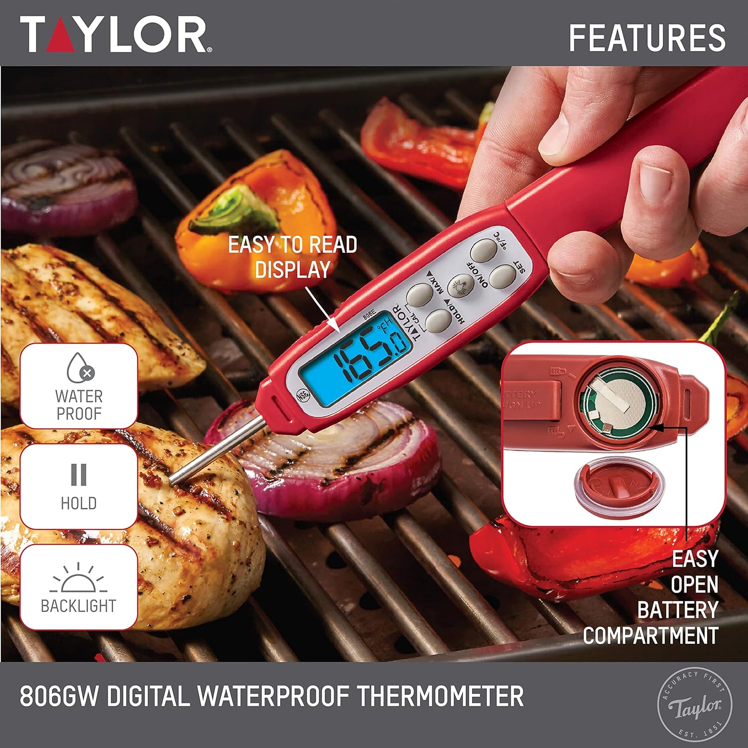 Digital Waterproof Thermometer with Bright Blue Backlight for Kitchen, Meat, Food, Grilling, BBQ Cooking, Red, Standard (806GW)