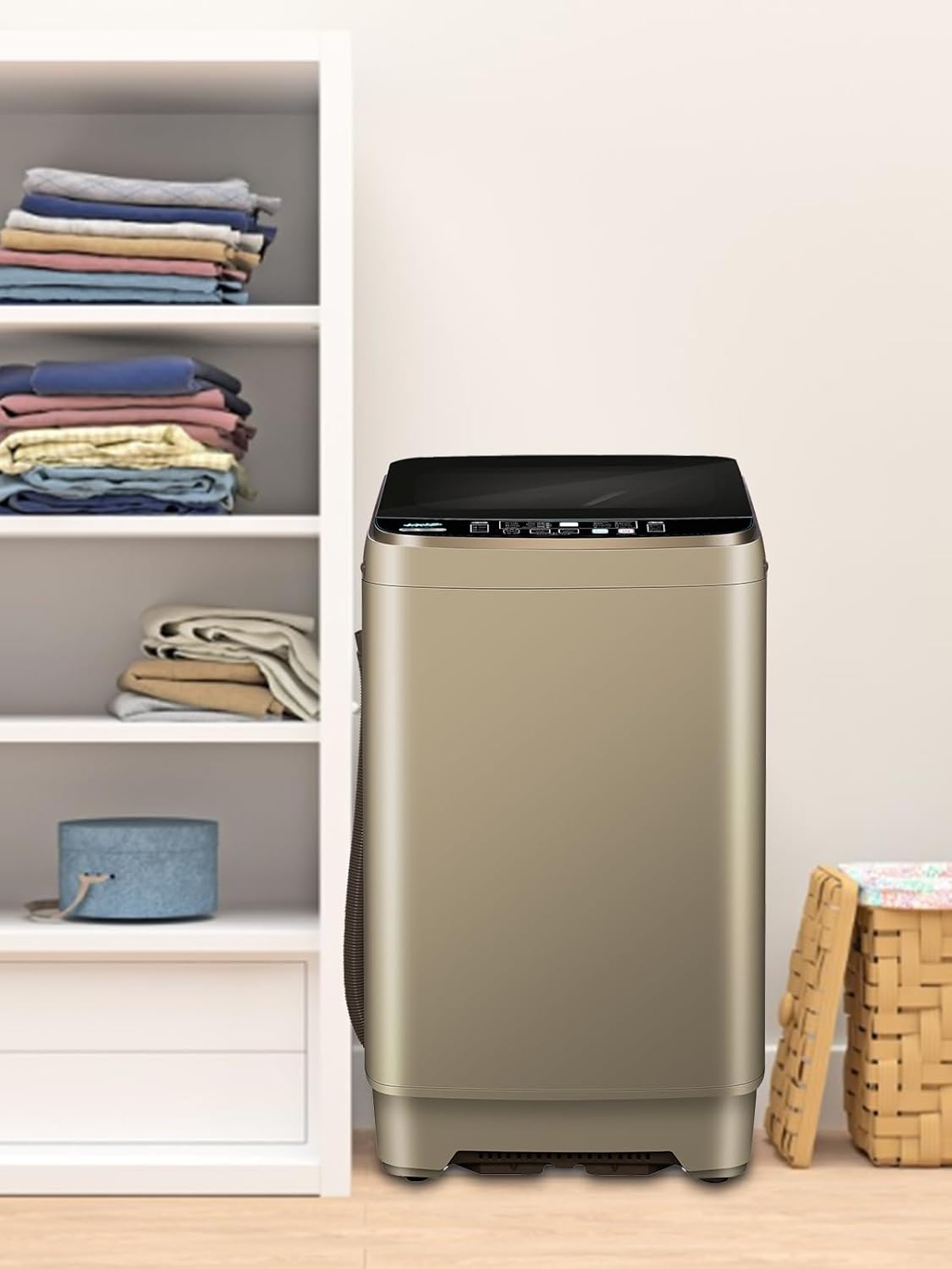 Automatic Washer 25 lbs (approx. 11.3 kg) Compact Portable Washer with LED Display, Drainage, 10 Wash Programs and 8 Water Levels Perfect for Dorm Rooms, Apartments, RVs, Golden
