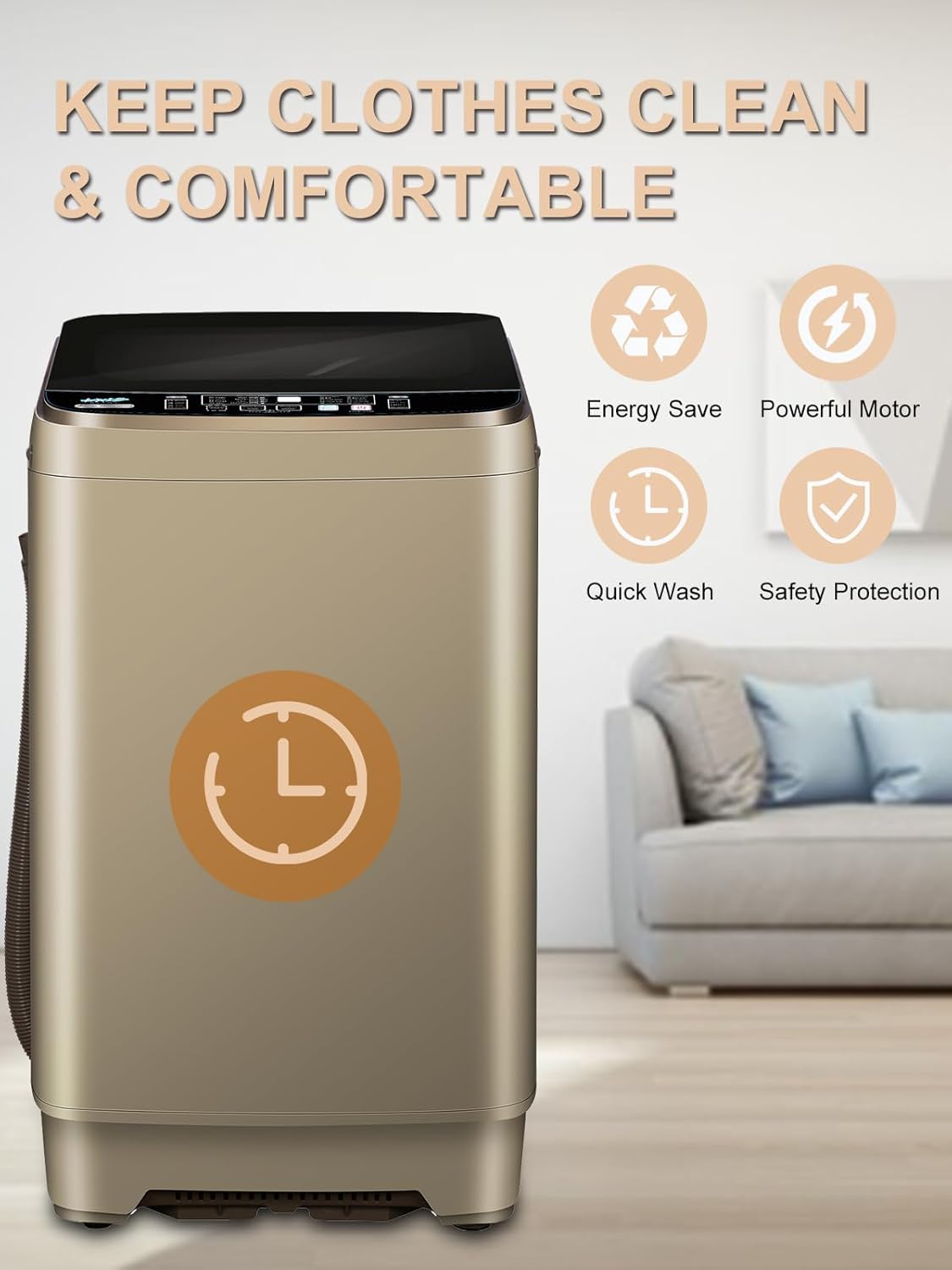 Automatic Washer 25 lbs (approx. 11.3 kg) Compact Portable Washer with LED Display, Drainage, 10 Wash Programs and 8 Water Levels Perfect for Dorm Rooms, Apartments, RVs, Golden