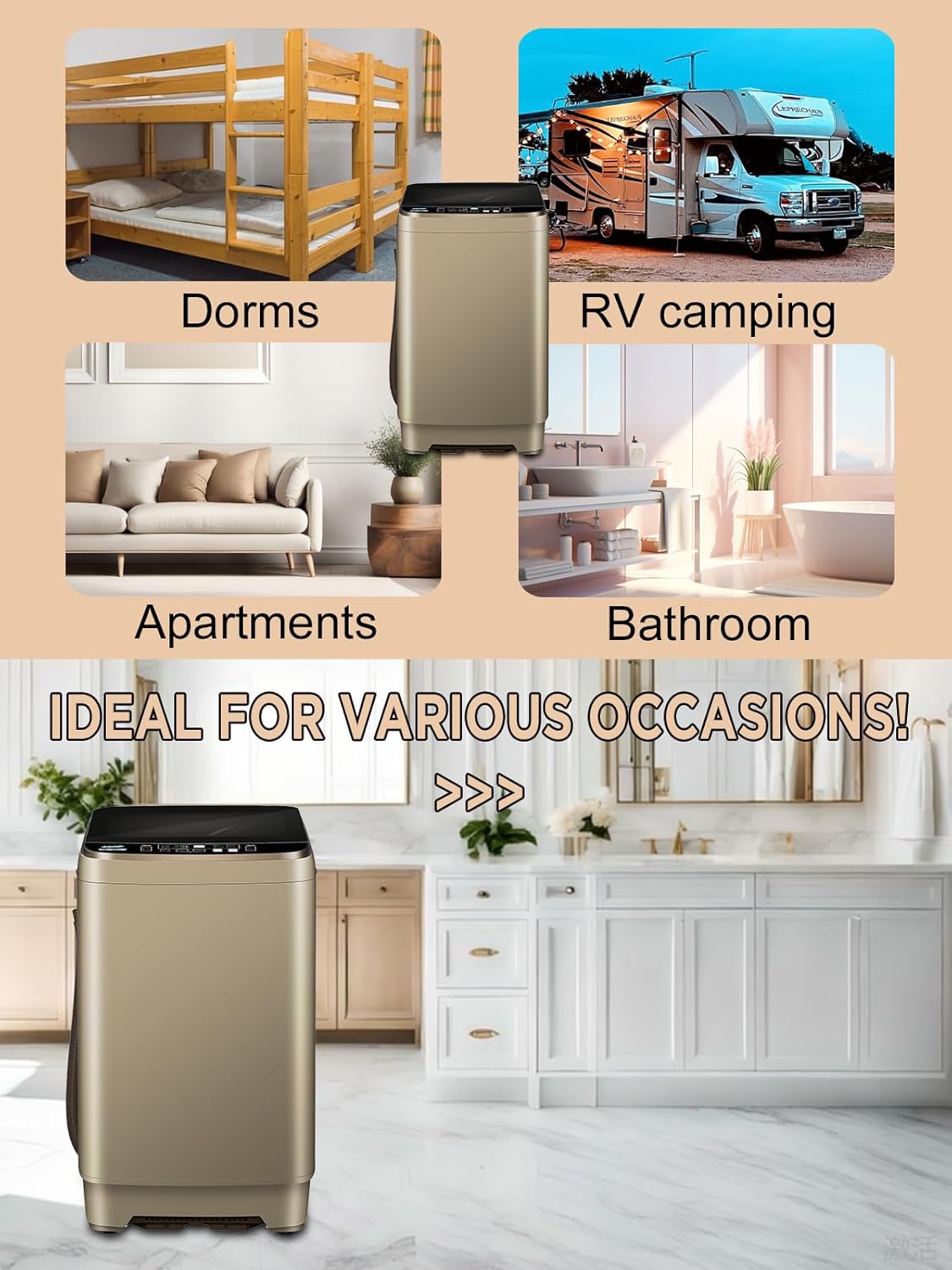 Automatic Washer 25 lbs (approx. 11.3 kg) Compact Portable Washer with LED Display, Drainage, 10 Wash Programs and 8 Water Levels Perfect for Dorm Rooms, Apartments, RVs, Golden
