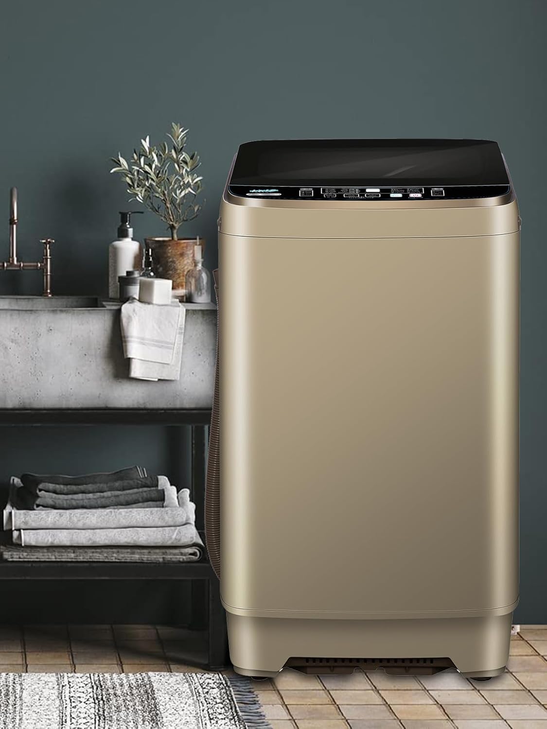 Automatic Washer 25 lbs (approx. 11.3 kg) Compact Portable Washer with LED Display, Drainage, 10 Wash Programs and 8 Water Levels Perfect for Dorm Rooms, Apartments, RVs, Golden