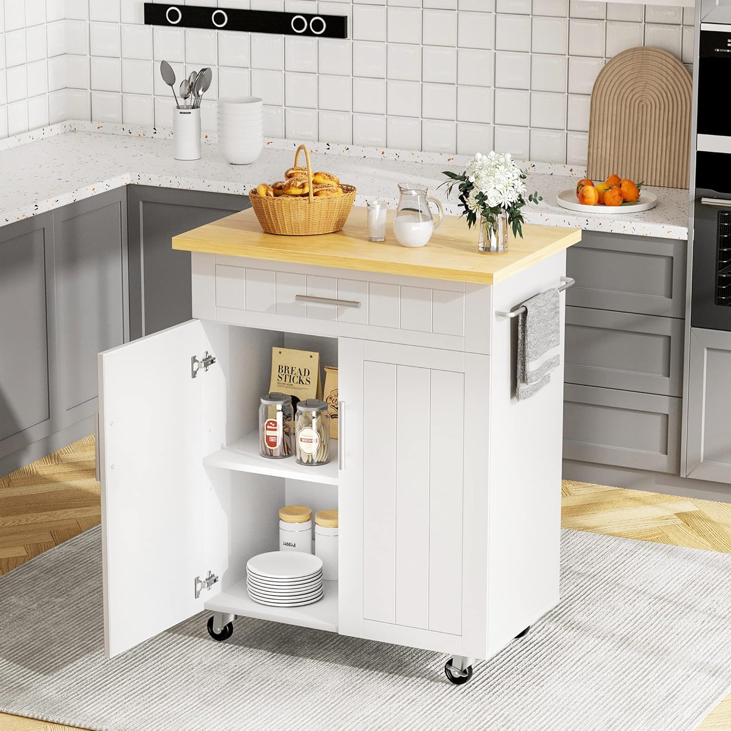 JY QAQA 26" (Approx. 66.0 cm) with Storage Kitchen Cart Cabinet with Shelves,Cart Handle for Towel Rack or Free Move,Portable Kitchen Island, White