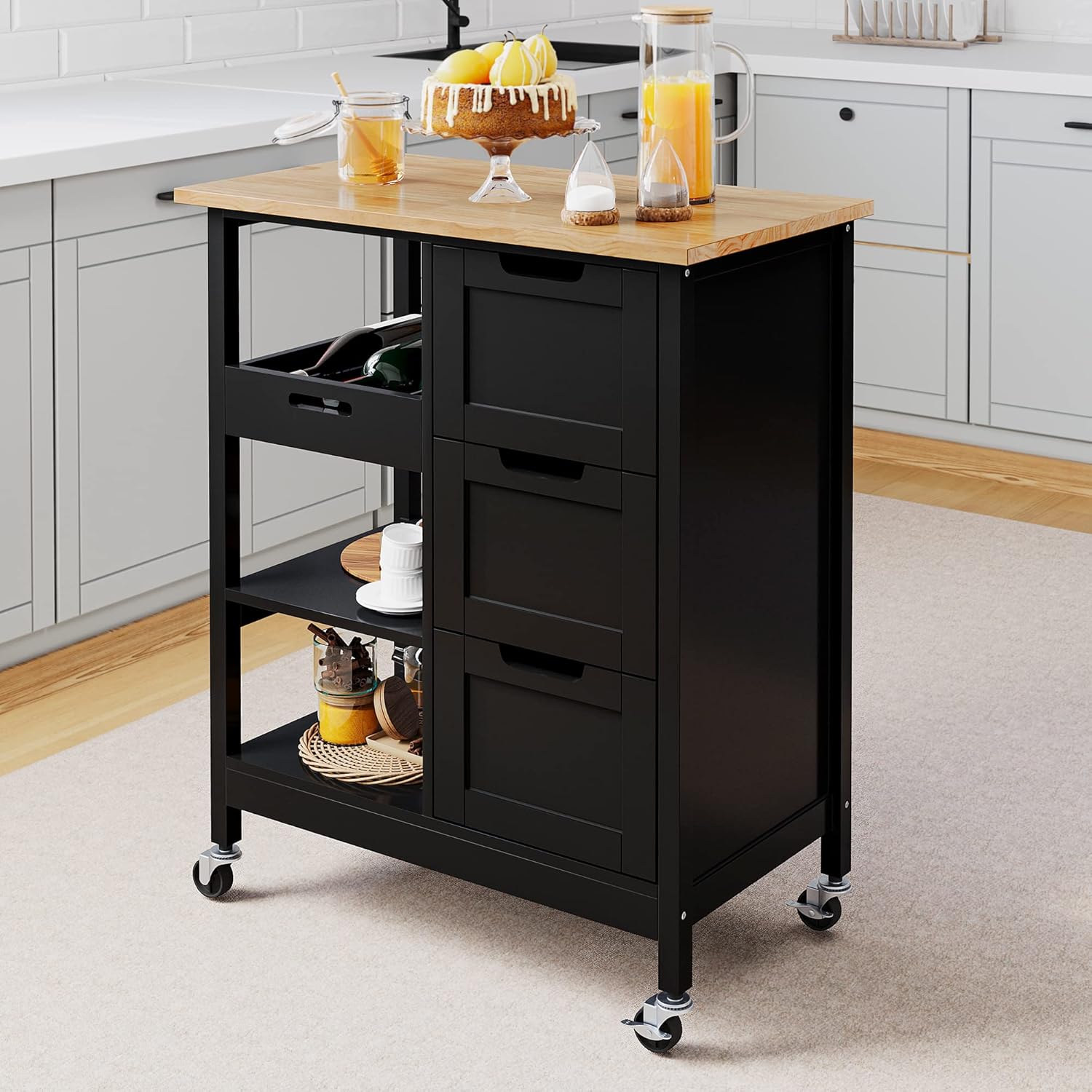 Kitchen Island with Storage,Home Kitchen Trolley,Roller Utility Trolley with 3 Drawers and 3 Storage Shelves,Kitchen Service Trolley for Restaurants,Bars,Black