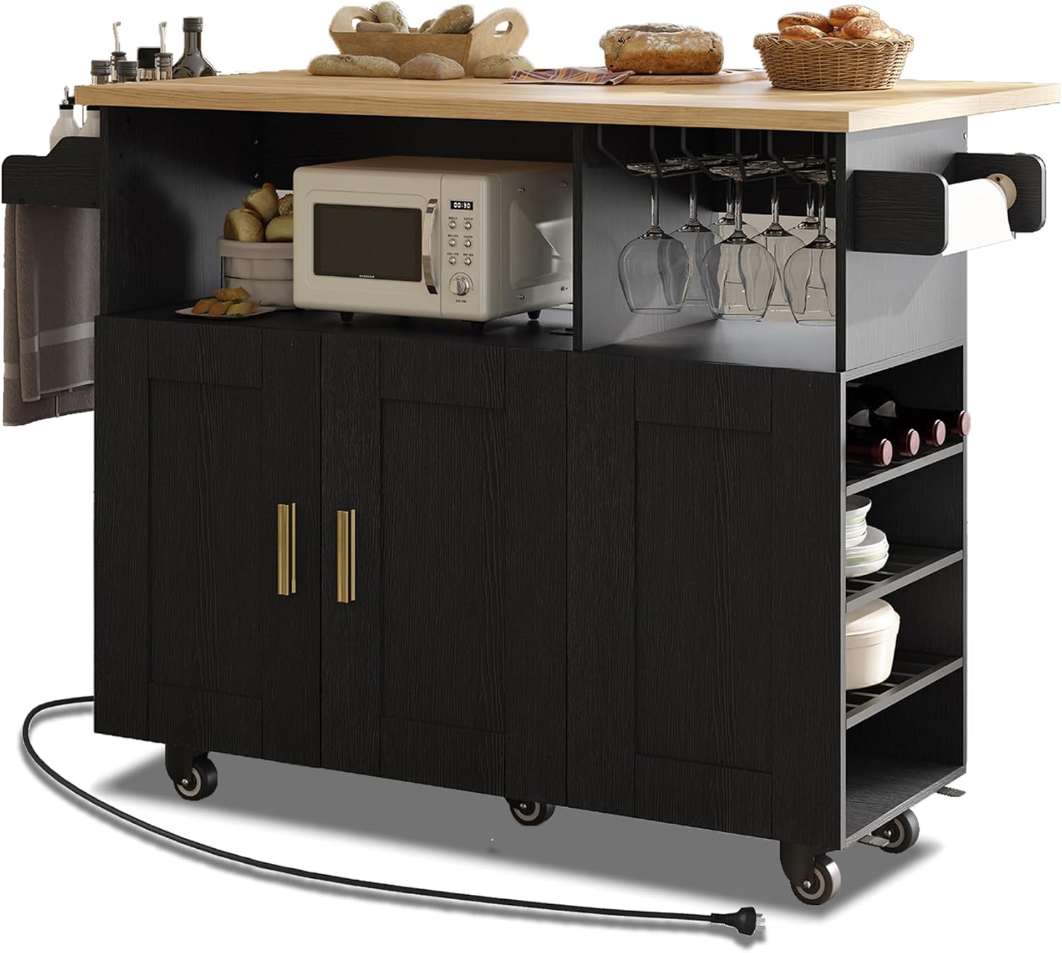 Rolling Mobile Kitchen Island Trolley Pole with Table Drop Leaf Countertop, Island Table Storage with 5 Wheels, Rolling Kitchen Cabinets and Towels with Electrical Outlet RacK (Black with Countertop)