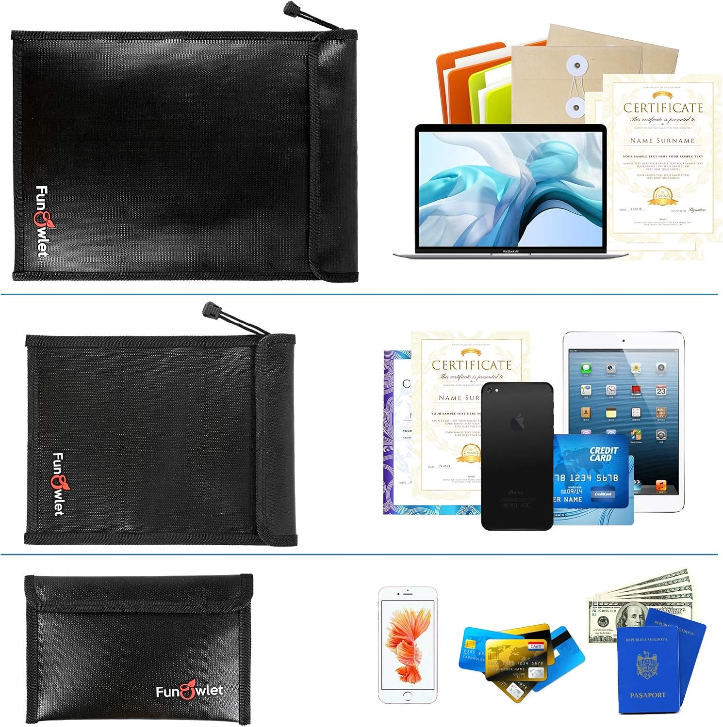 3 Piece Fireproof Waterproof Money File Pouch