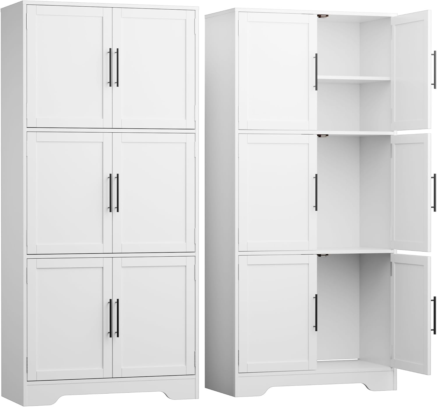 Cozy Castle 68 Inch (Approx. 174.0 cm) Kitchen Pantry Storage Cabinet with 6 Doors and 3 Shelves High Food Pantry Cabinet 4 Shelf White Cabinet for Kitchen Living Room Dining Room Bathroom