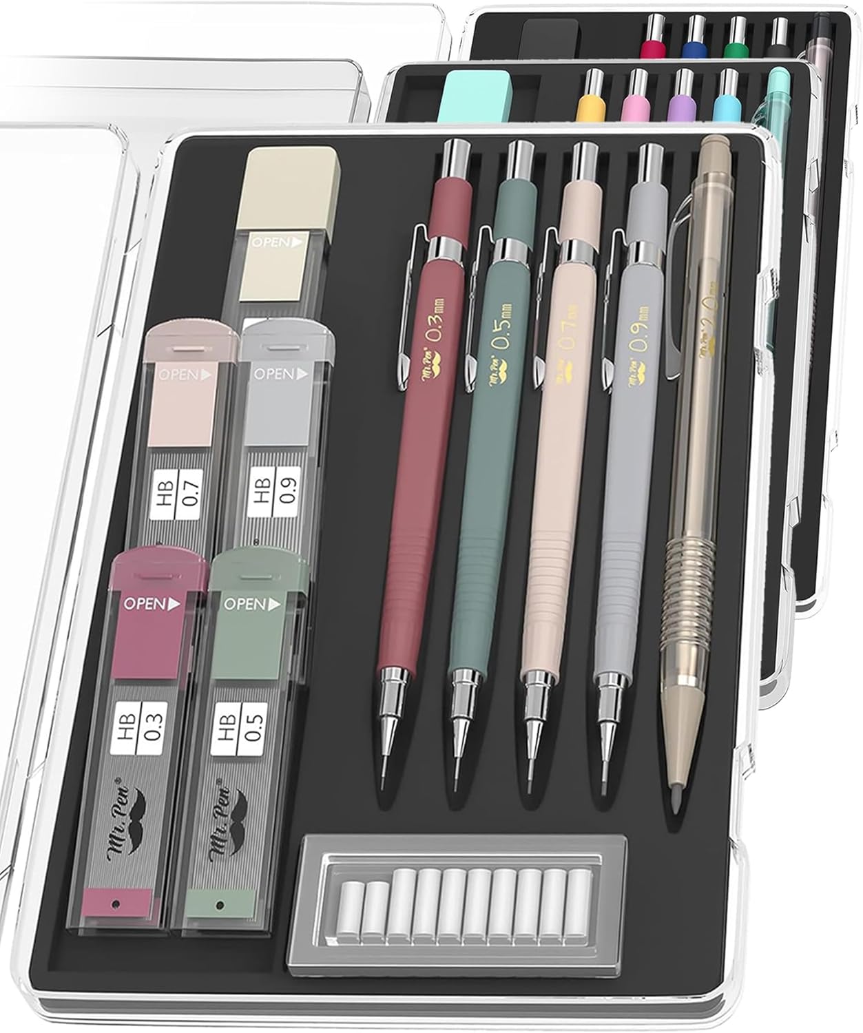 automatic pencil set with refill and eraser refill, 5 sizes - 0.3, 0.5, 0.7, 0.9 and 2 mm for drawing, painting and sketching