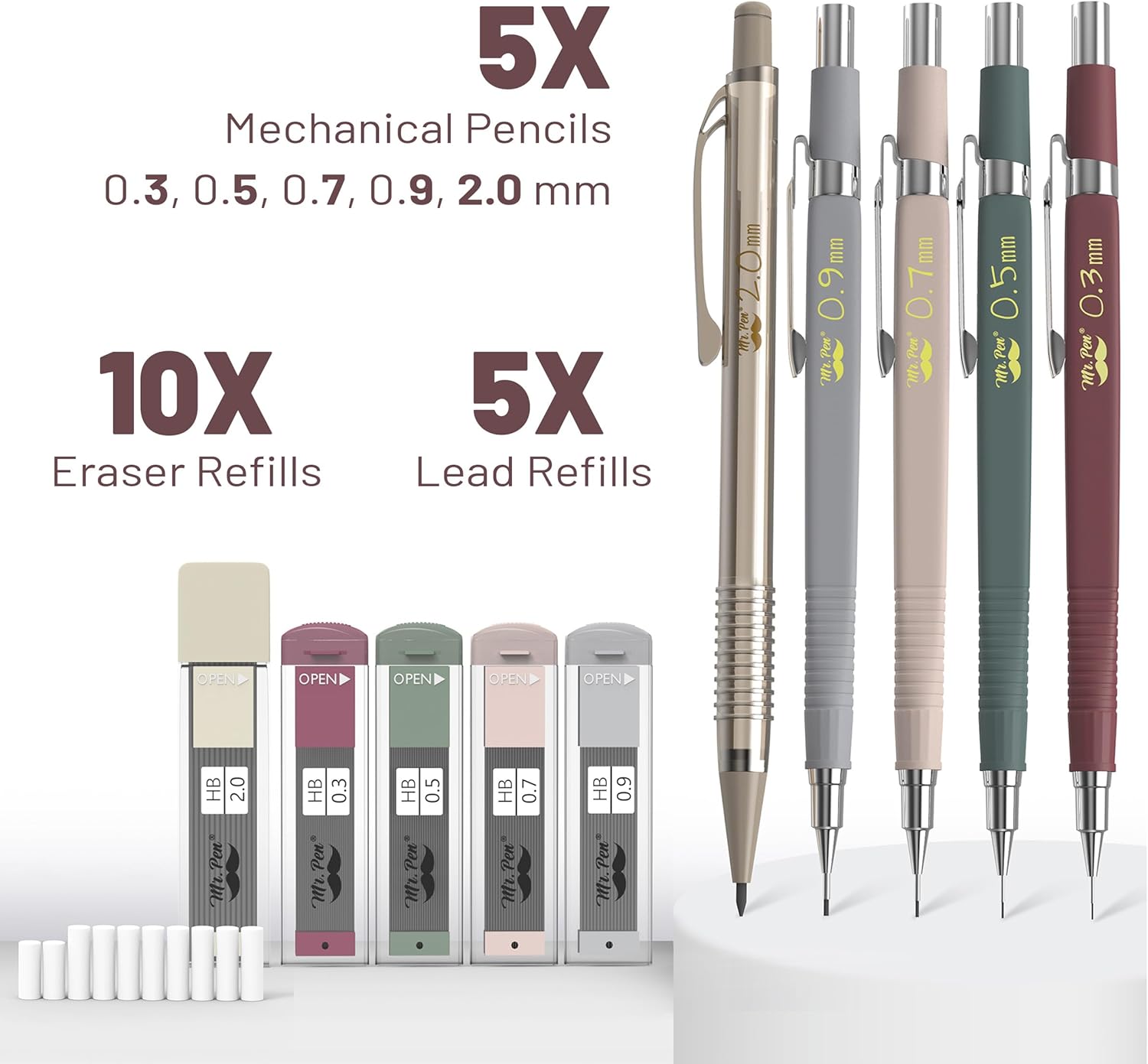 automatic pencil set with refill and eraser refill, 5 sizes - 0.3, 0.5, 0.7, 0.9 and 2 mm for drawing, painting and sketching