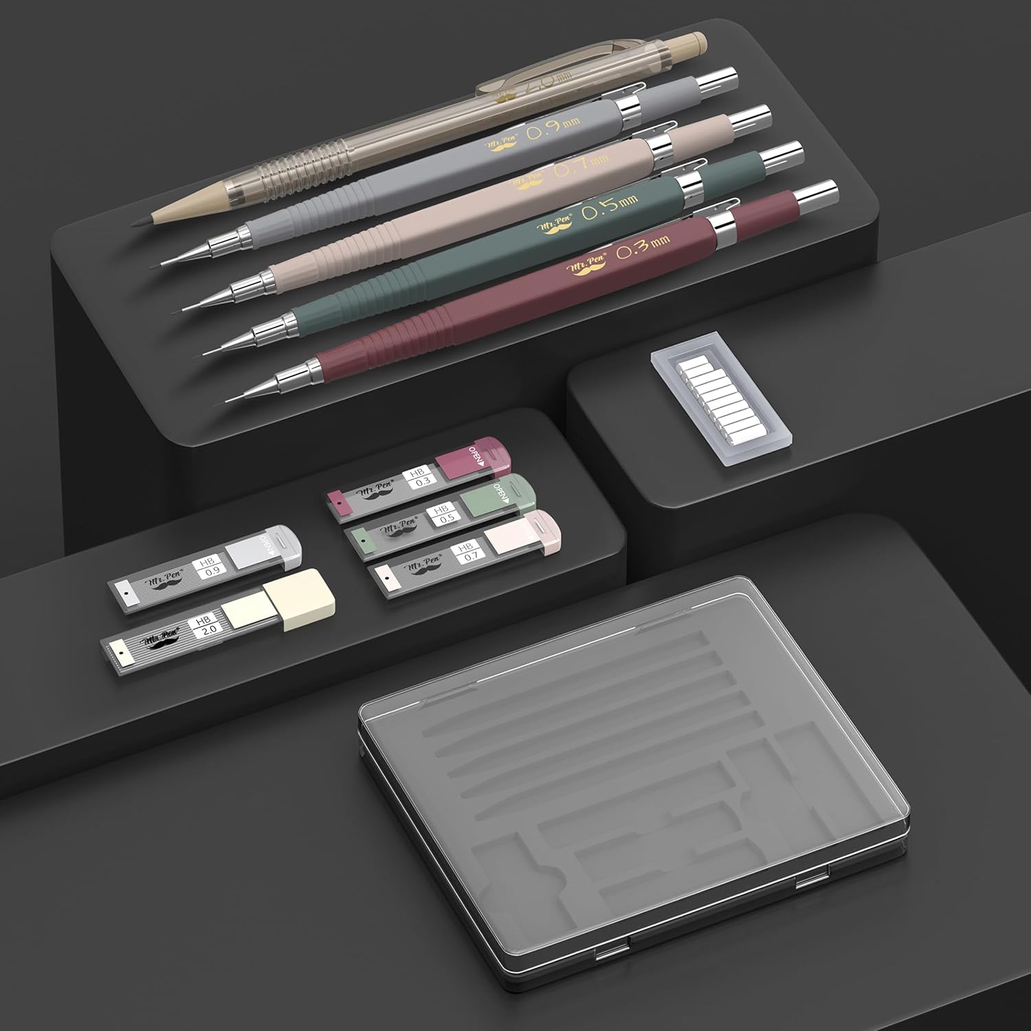 automatic pencil set with refill and eraser refill, 5 sizes - 0.3, 0.5, 0.7, 0.9 and 2 mm for drawing, painting and sketching