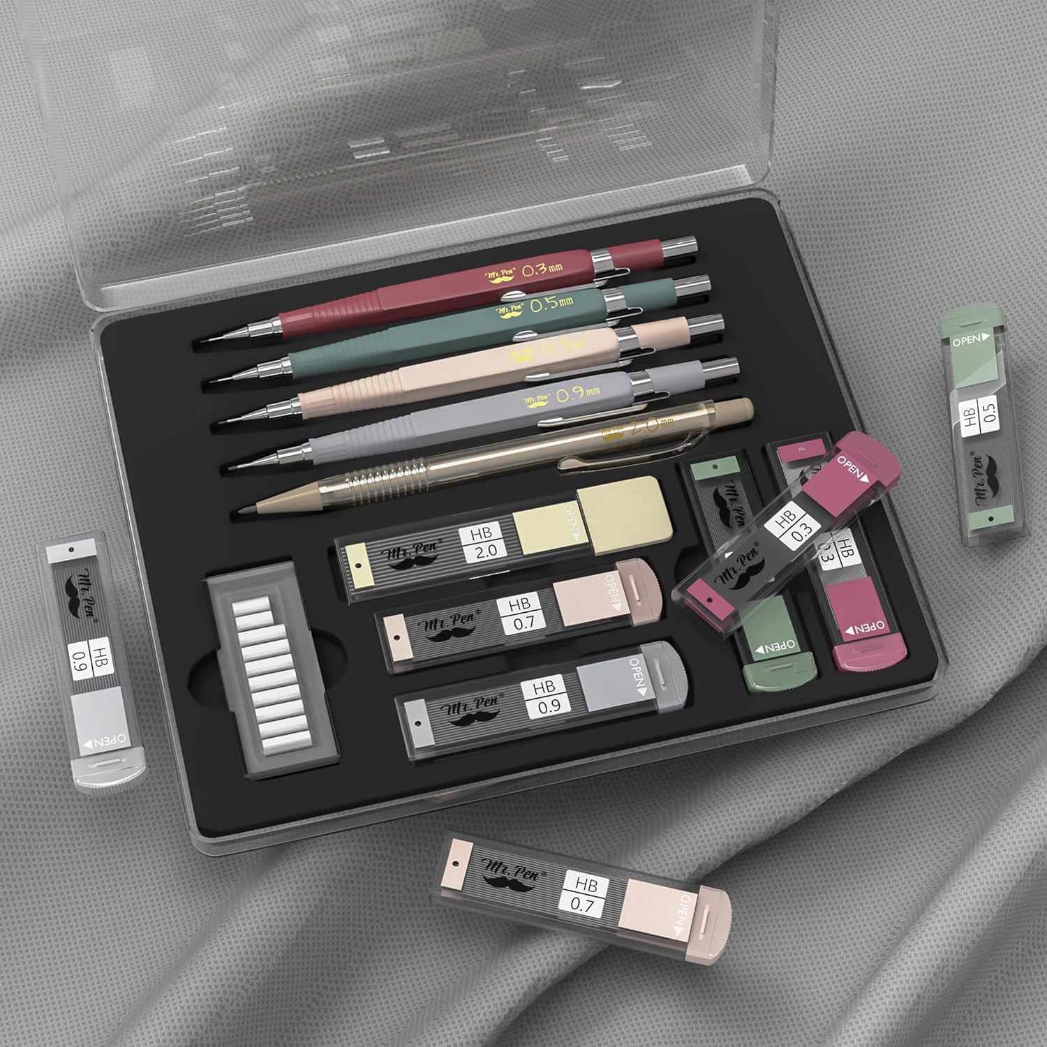 automatic pencil set with refill and eraser refill, 5 sizes - 0.3, 0.5, 0.7, 0.9 and 2 mm for drawing, painting and sketching