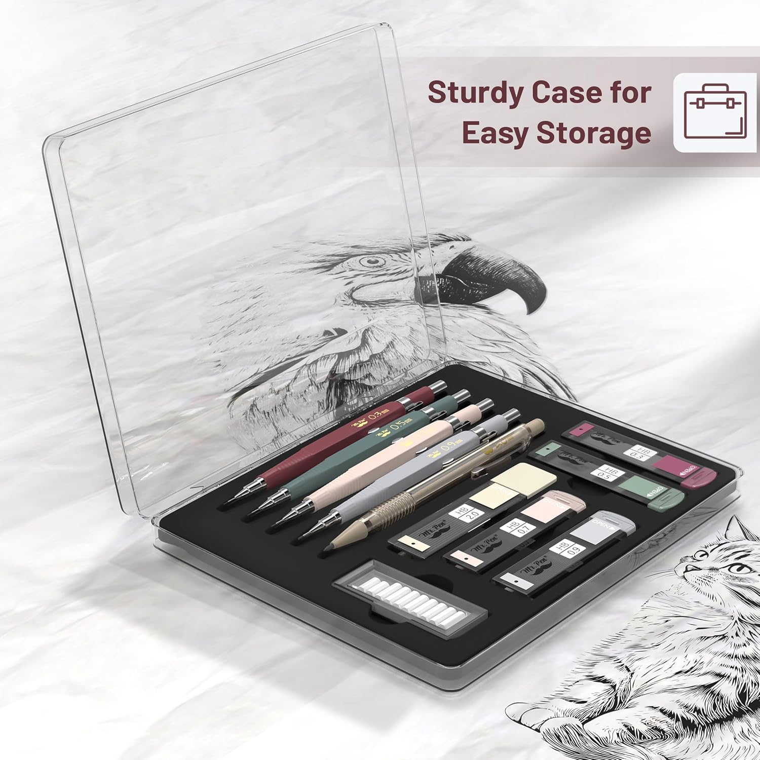 automatic pencil set with refill and eraser refill, 5 sizes - 0.3, 0.5, 0.7, 0.9 and 2 mm for drawing, painting and sketching